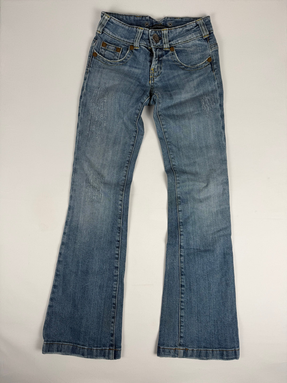 Blue denim low rise flare pants (S)