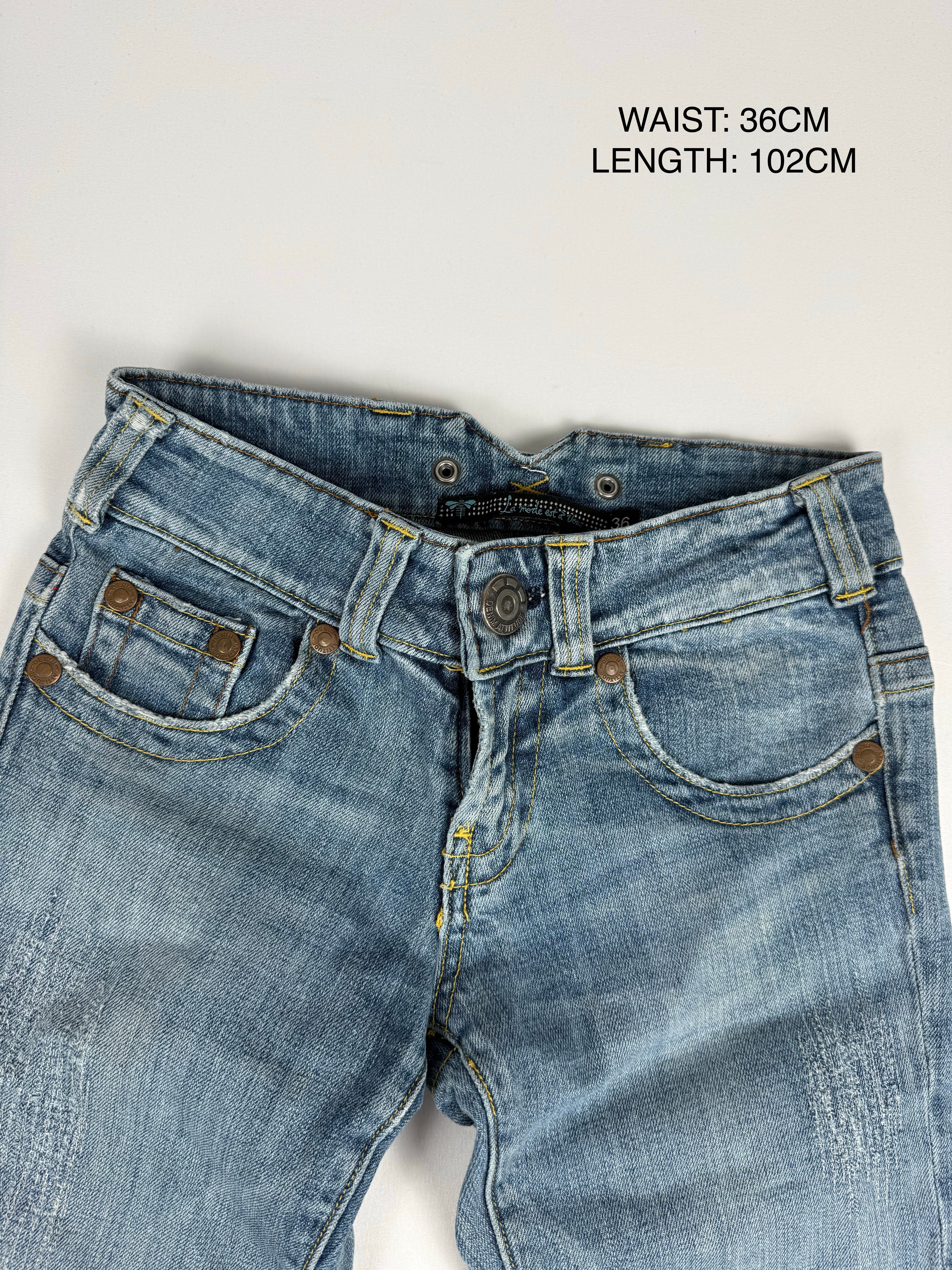 Blue denim low rise flare pants (S)