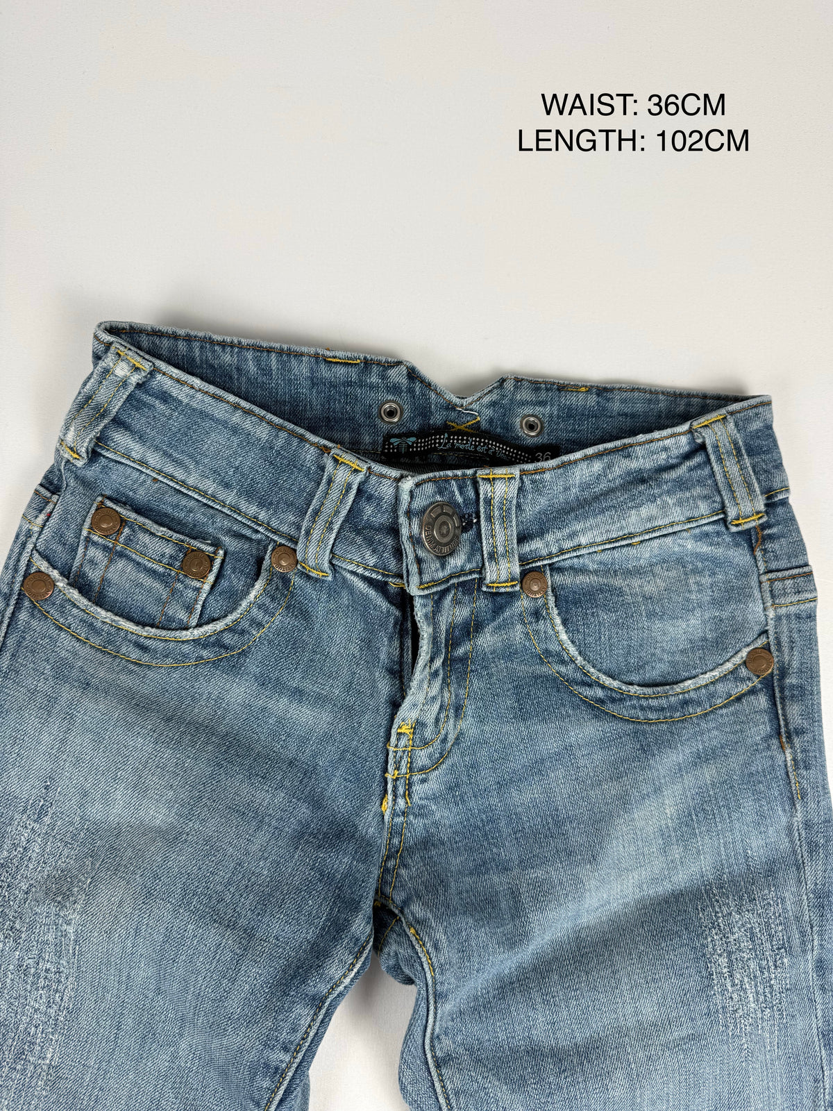 Blue denim low rise flare pants (S)