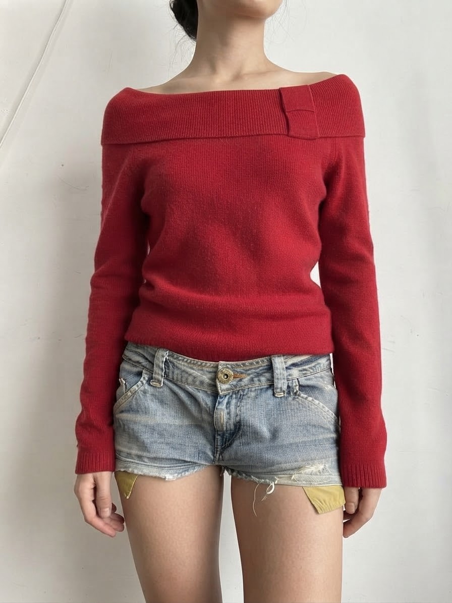 Red tight fit bardot neck jumper (L)