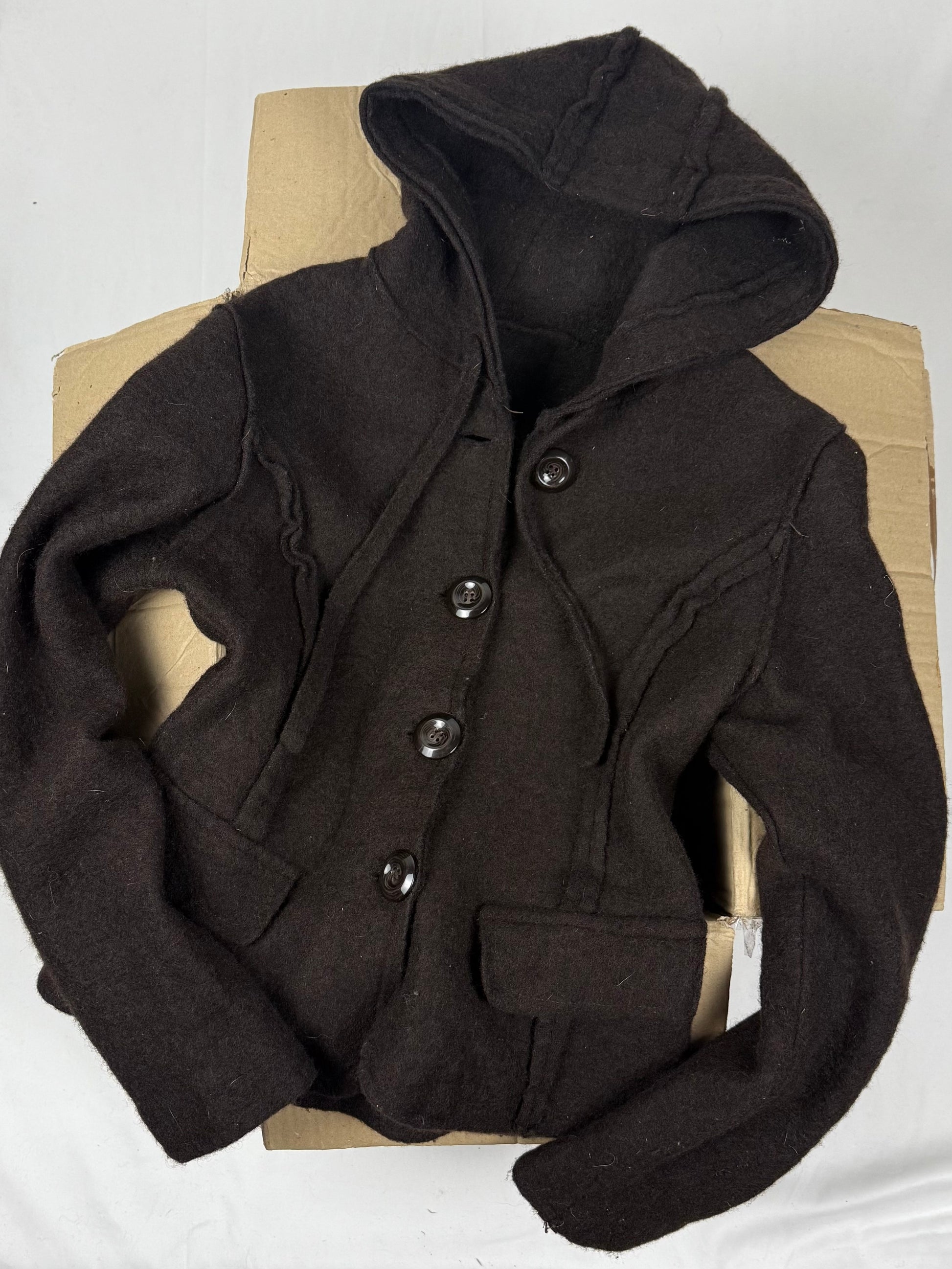 Brown hooded 100% wool tight fit jacket (S)