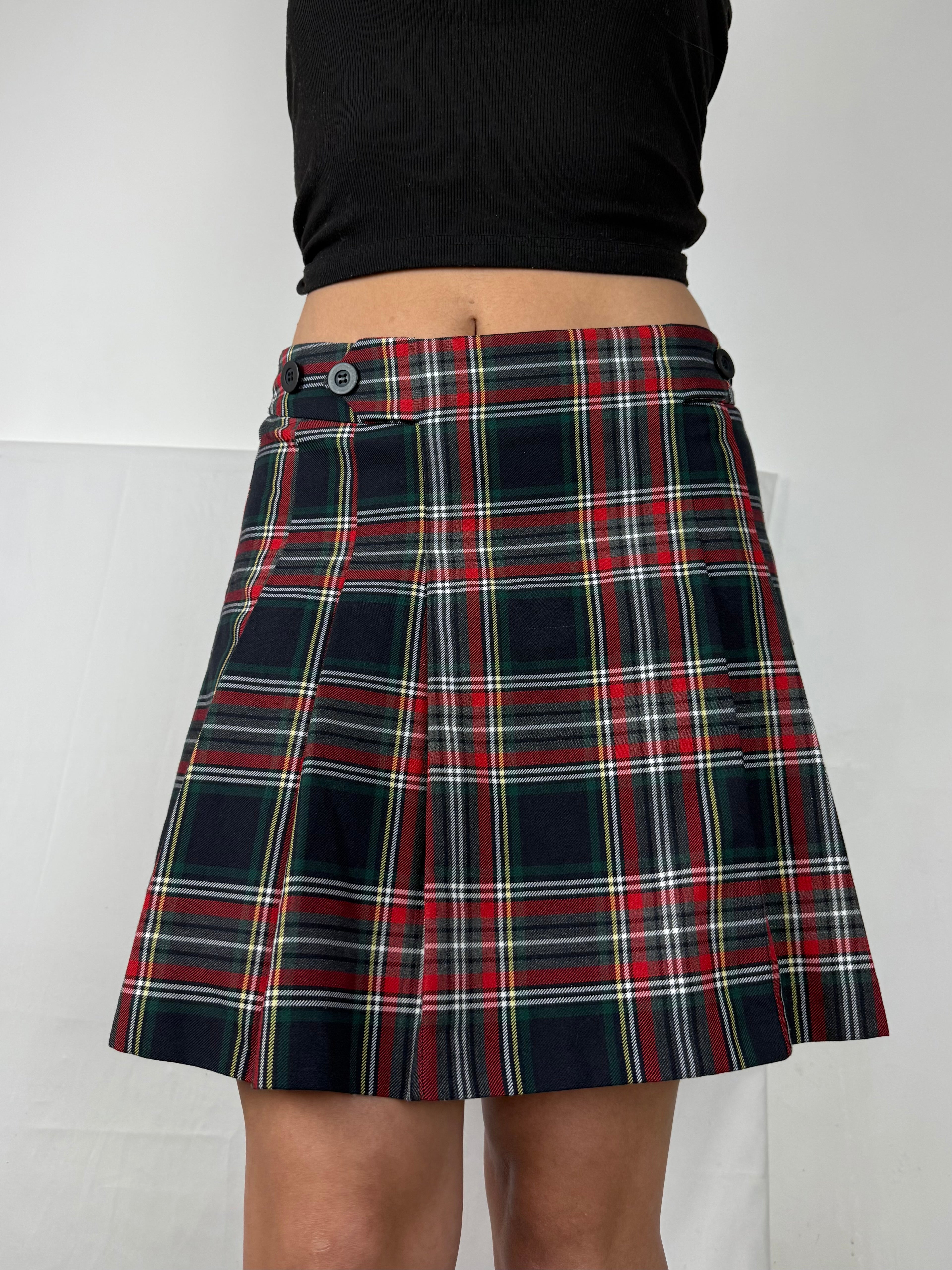Red check print pleated mini skirt (M)