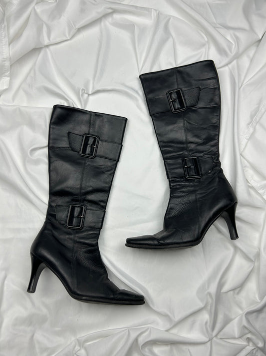 Black pointed toes leather knee high boots (37)