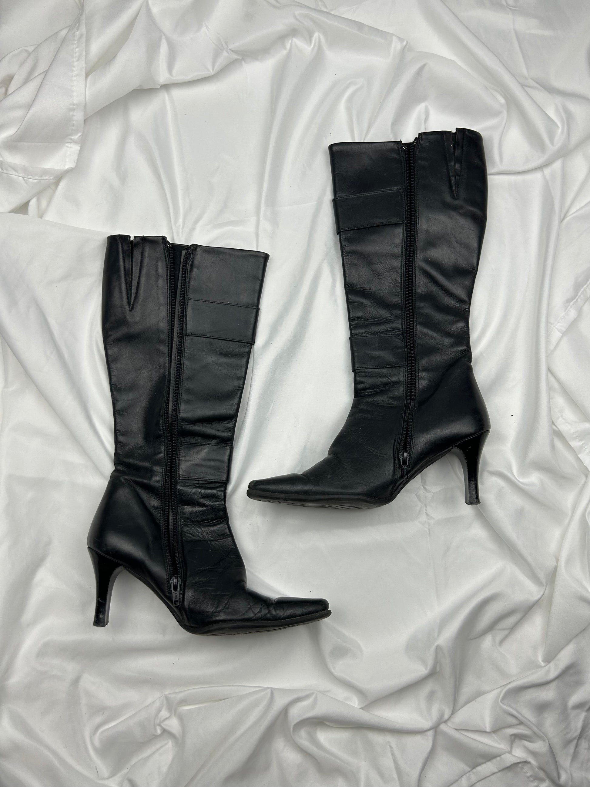 Black pointed toes leather knee high boots (37)