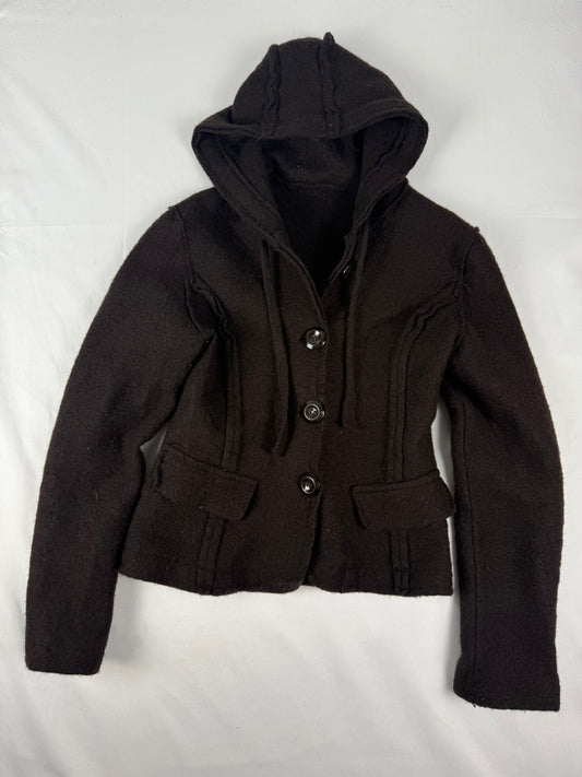 Brown hooded 100% wool tight fit jacket (S)