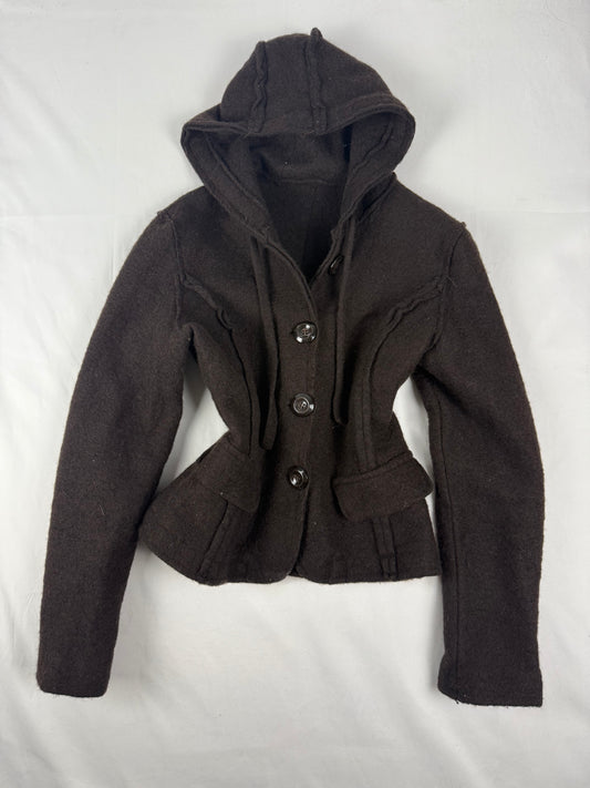 Brown hooded 100% wool tight fit jacket (S)