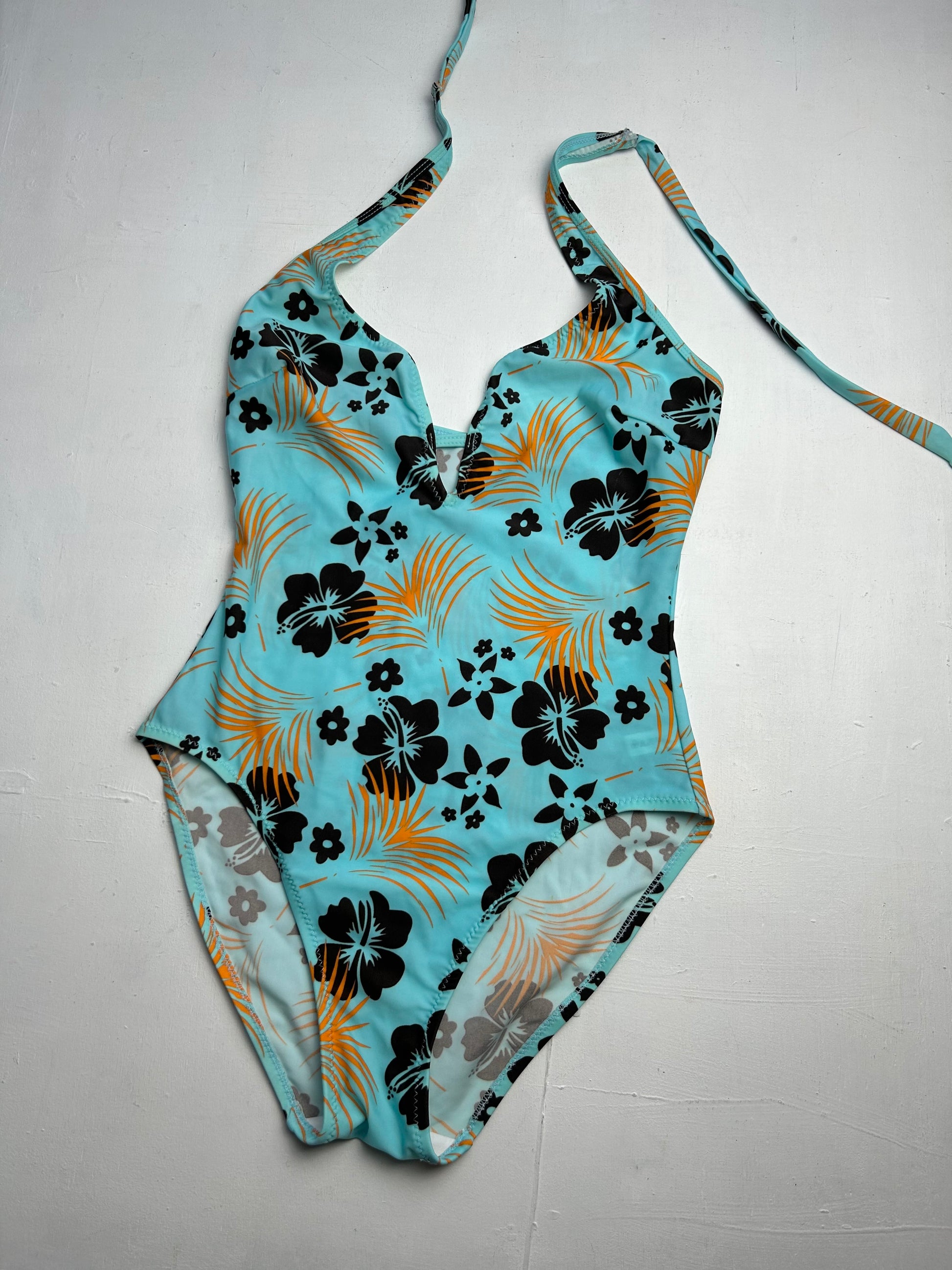 Hibiscus floral print blue y2k vintage swimsuit body (S)