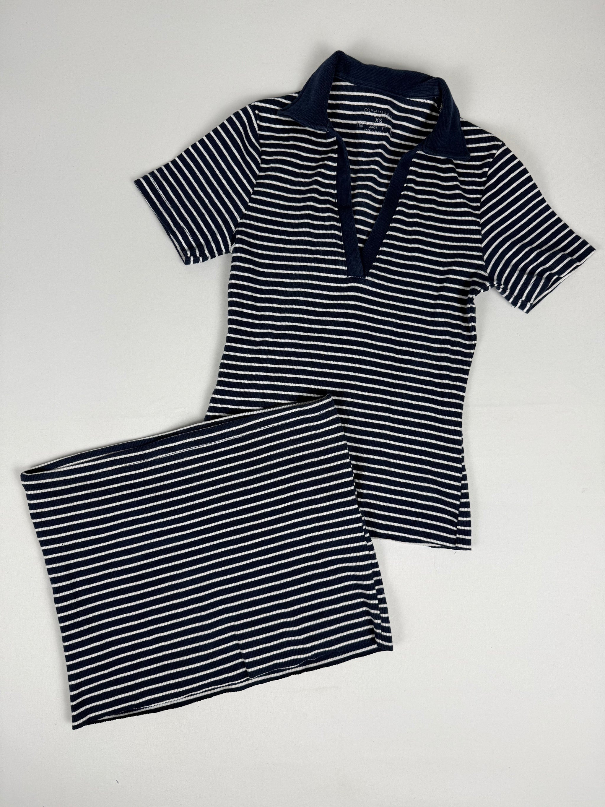 Navy striped cotton tee + mini skirt set (S)