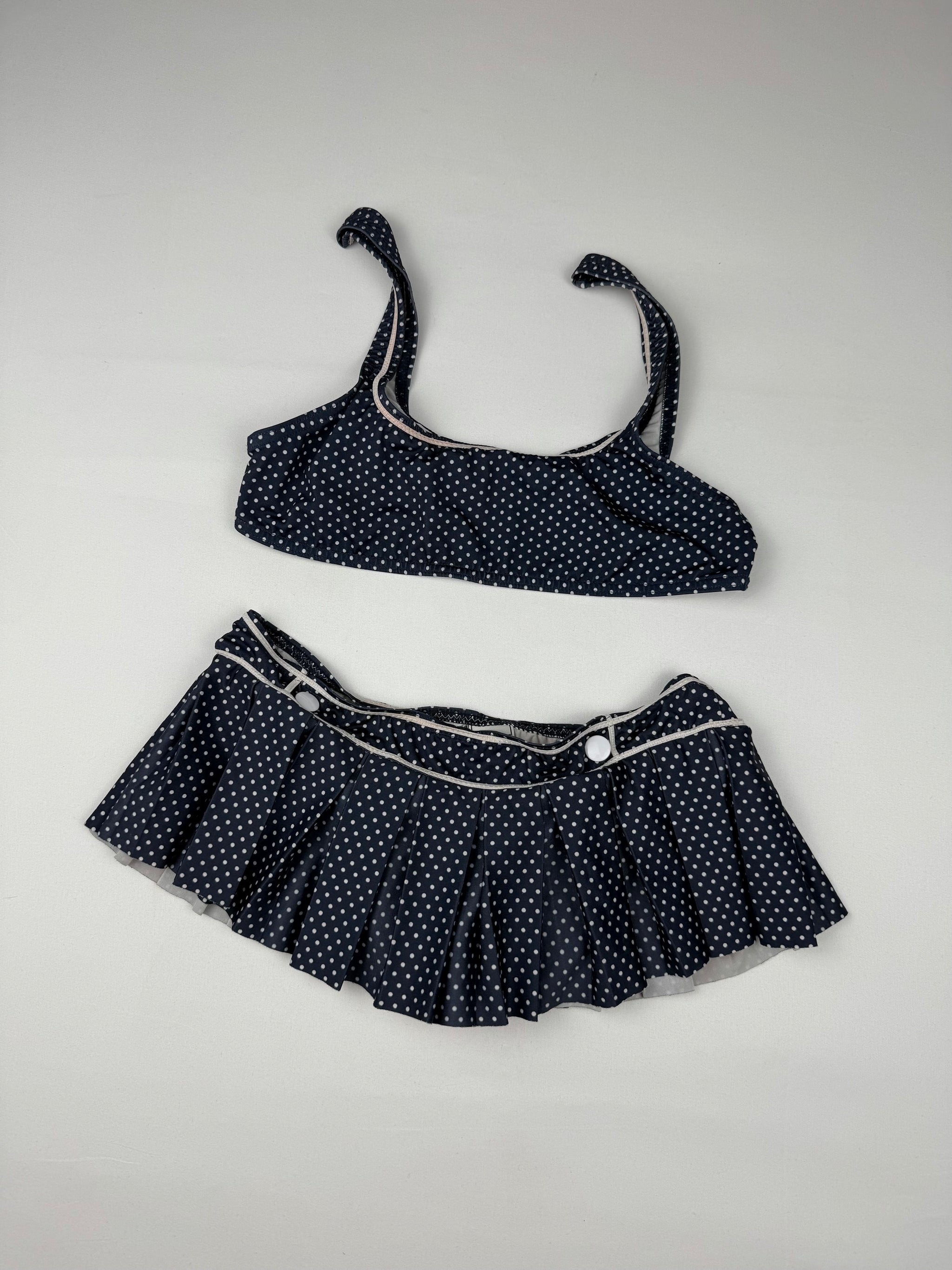 Navy polka dots mini skirt bikini set (XS)