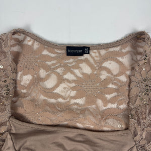 Beige lace sleeves ruched long sleeves top (XL)