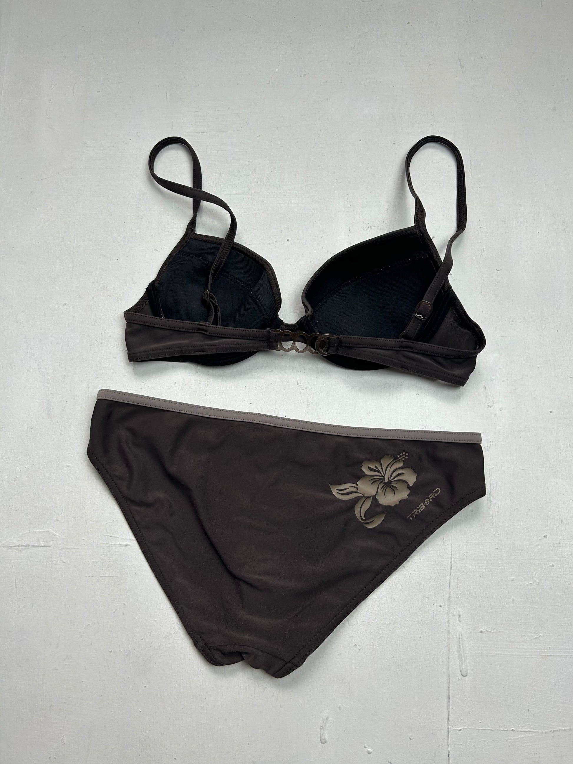 Brown Hawaii hibiscus print y2k vintage bikini set (S)