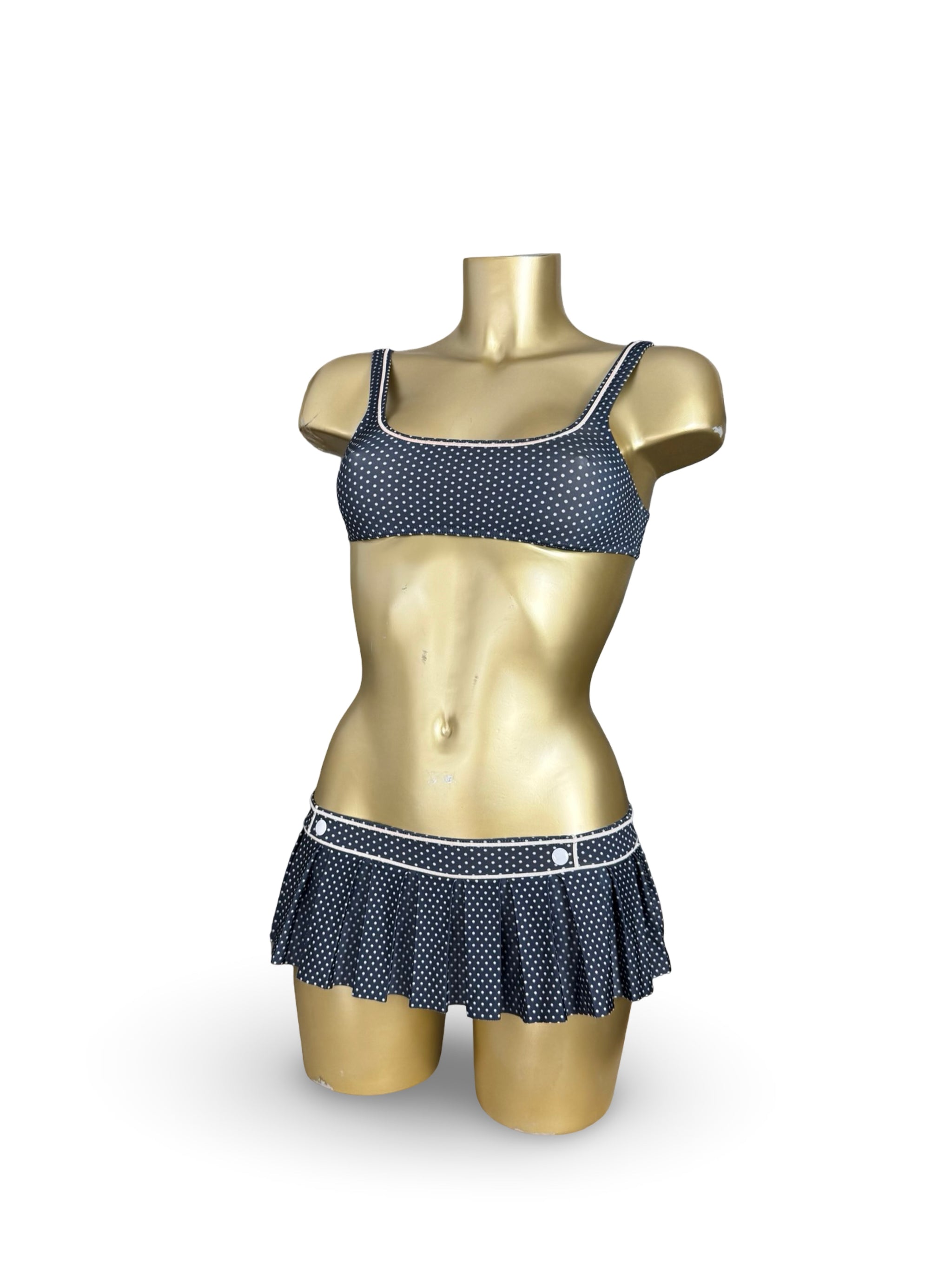 Navy polka dots mini skirt bikini set (XS)