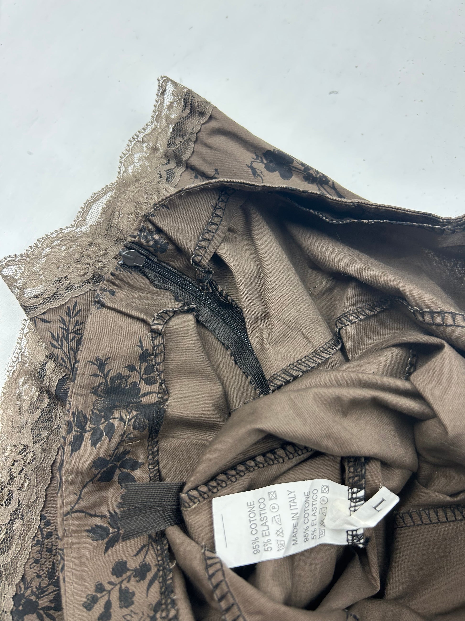 Brown floral low rise mid skirt (S)
