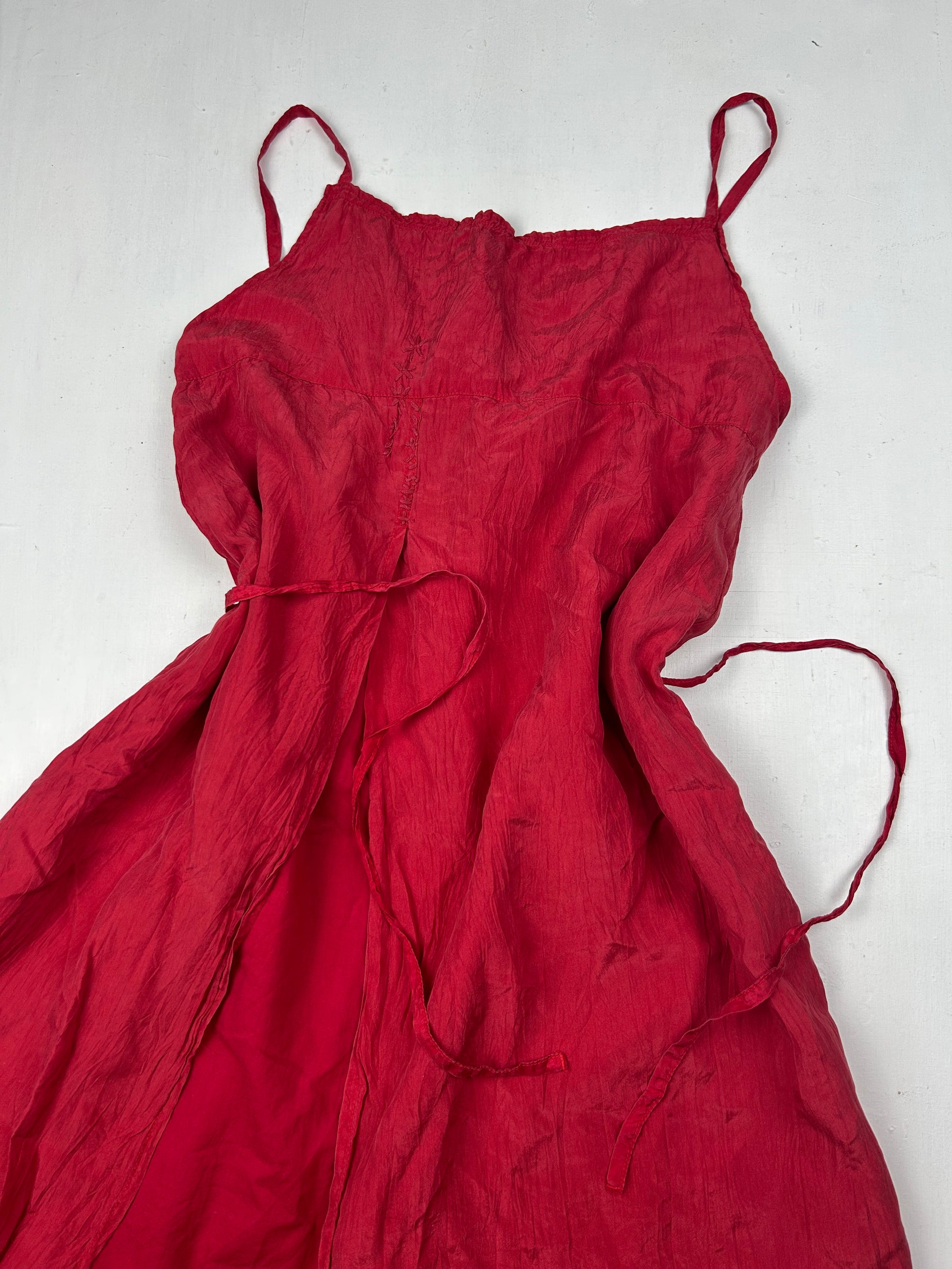 Red summer mini dress 100% real silk (S)