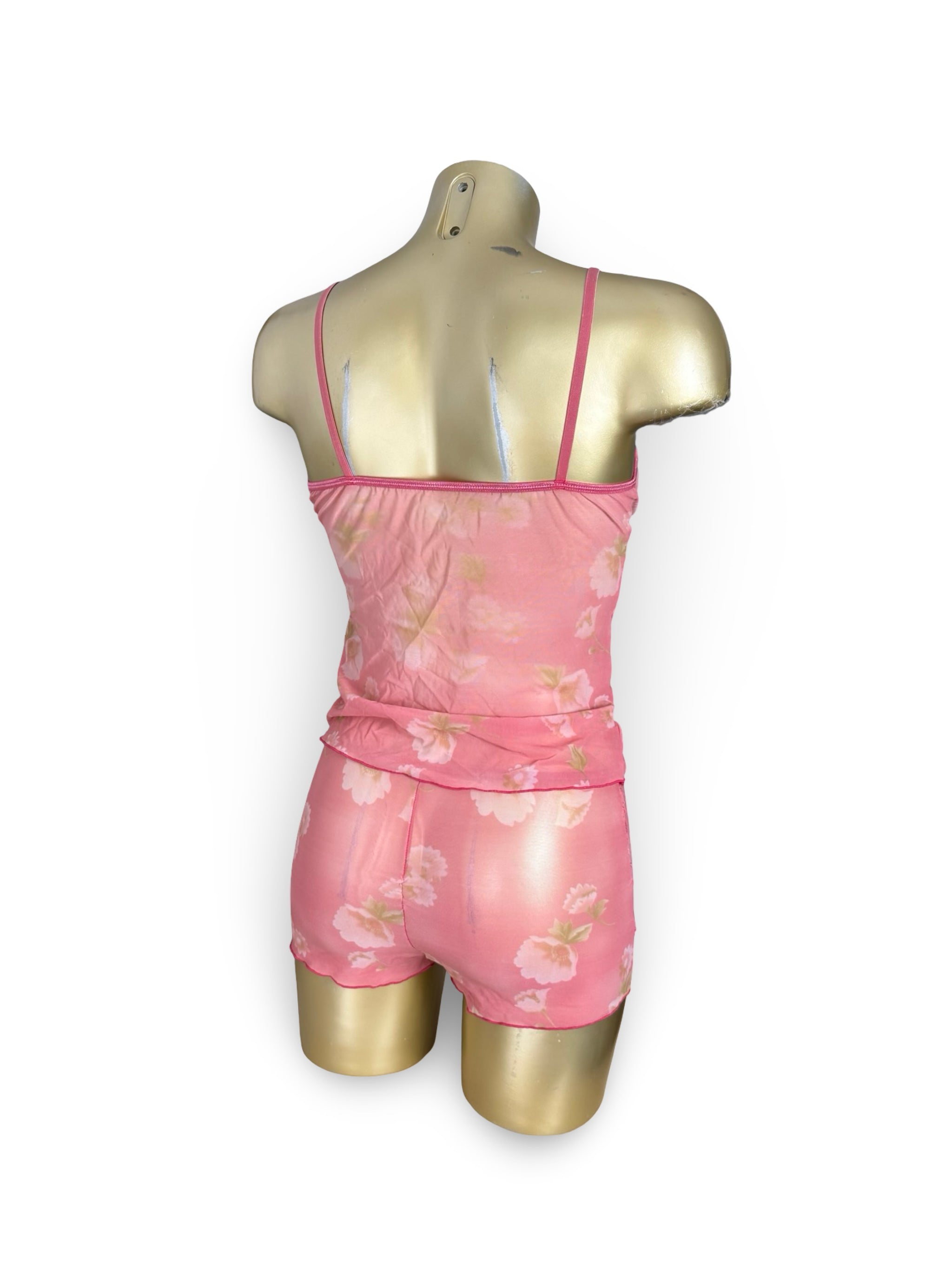 Pink floral mesh top + shorty set (L)