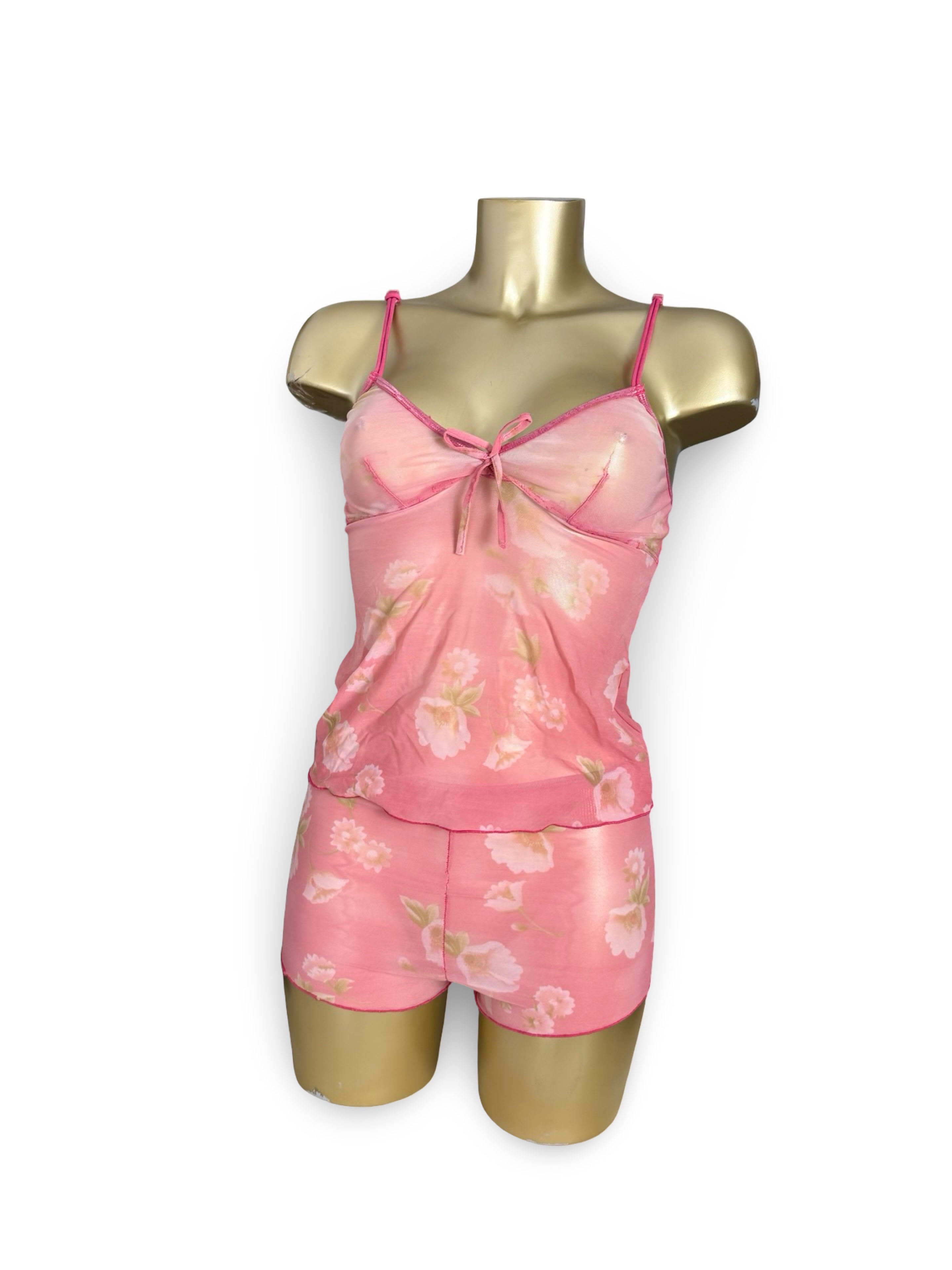 Pink floral mesh top + shorty set (L)