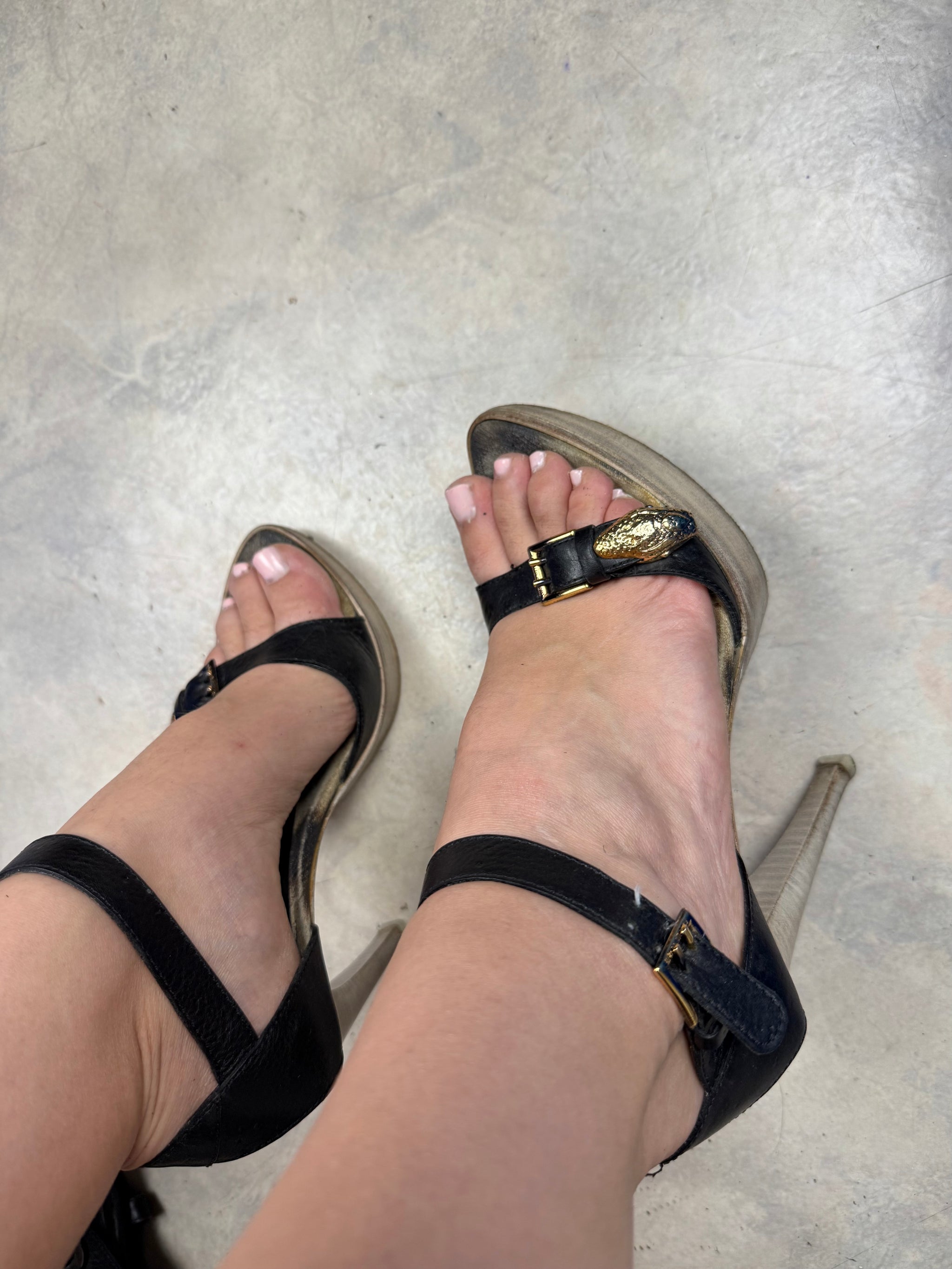 Gold snake buckle real leather heels (36)