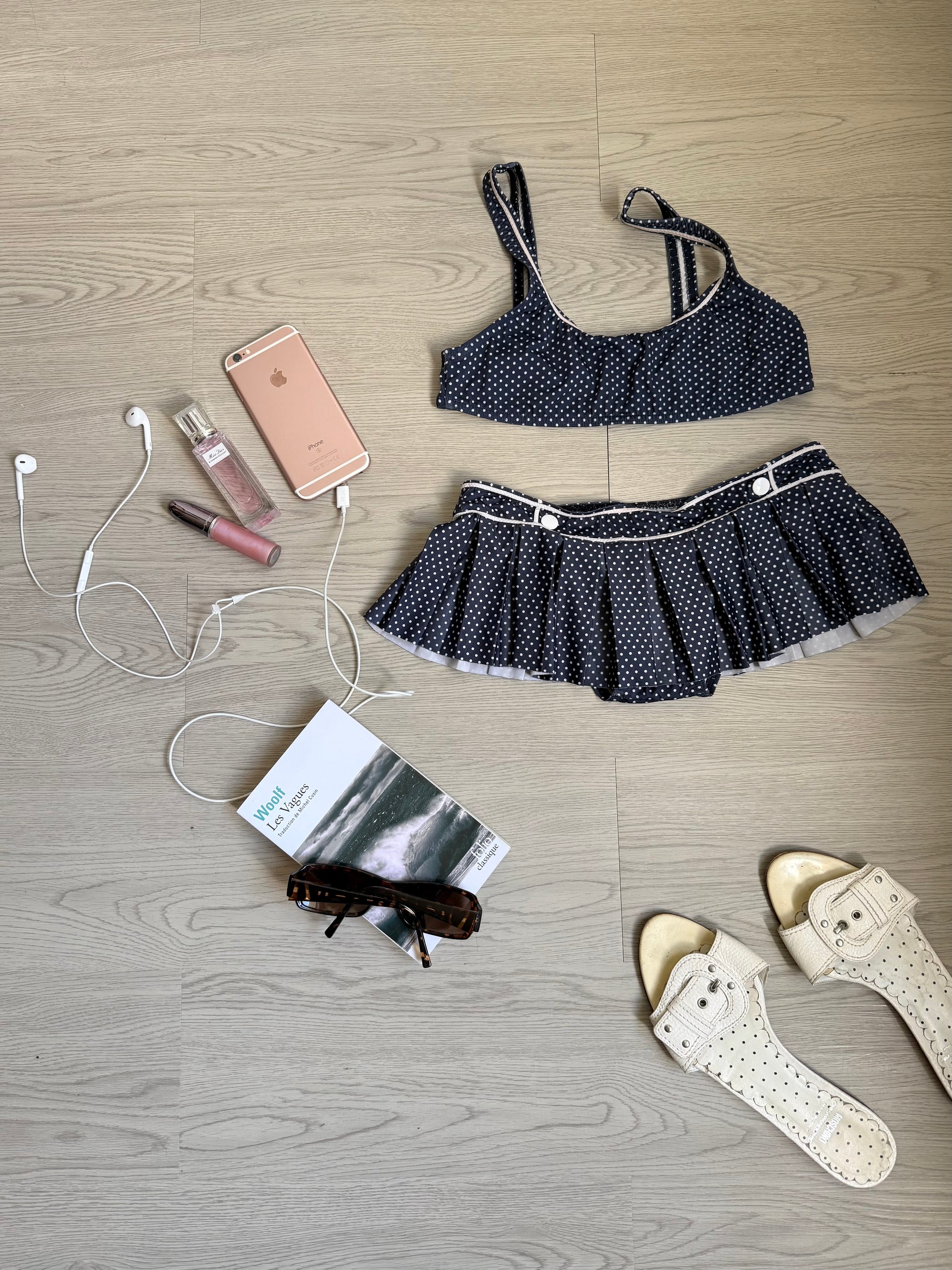 Navy polka dots mini skirt bikini set (XS)