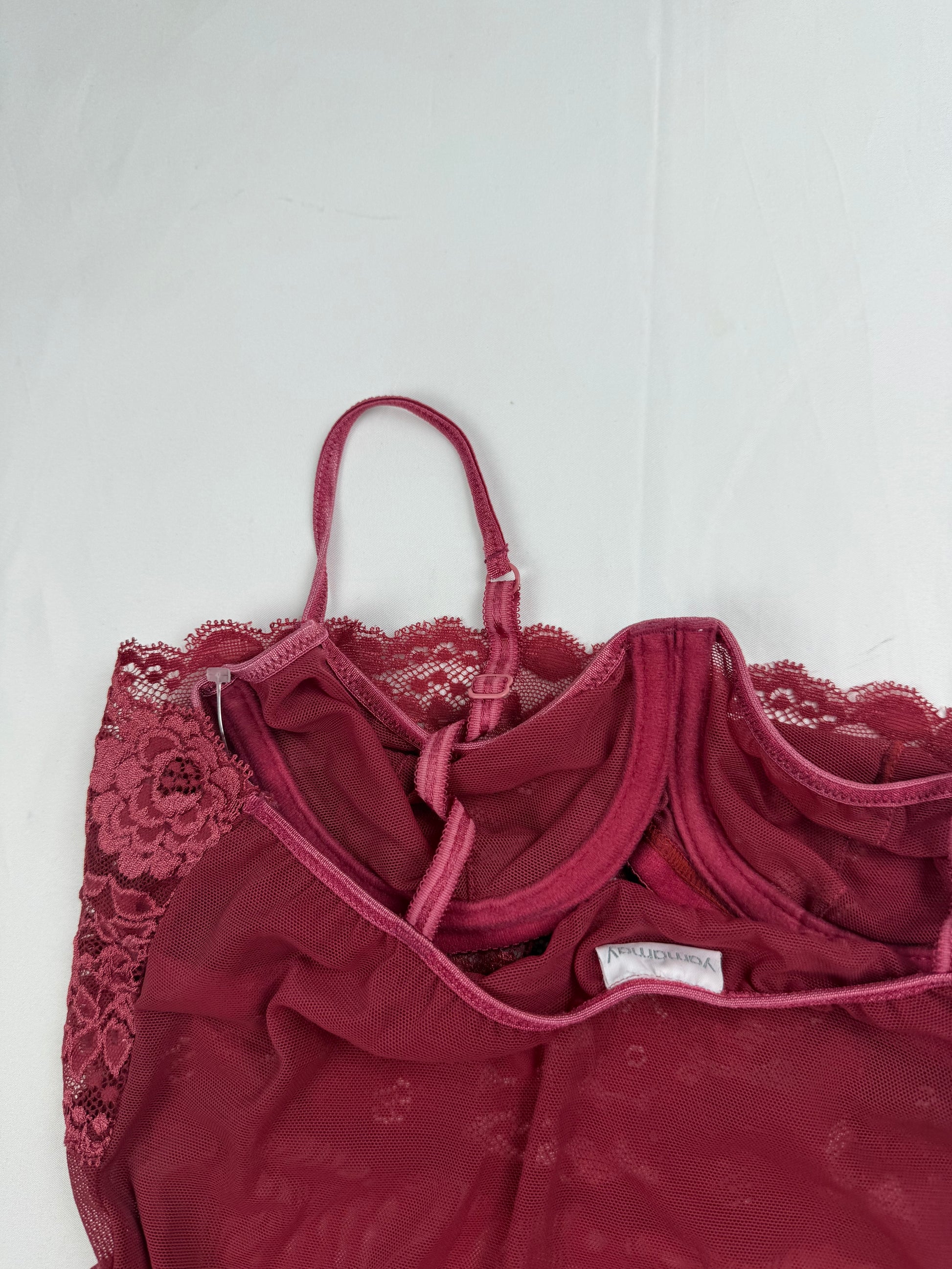 Red mesh floral bustier babydoll top (S/M)