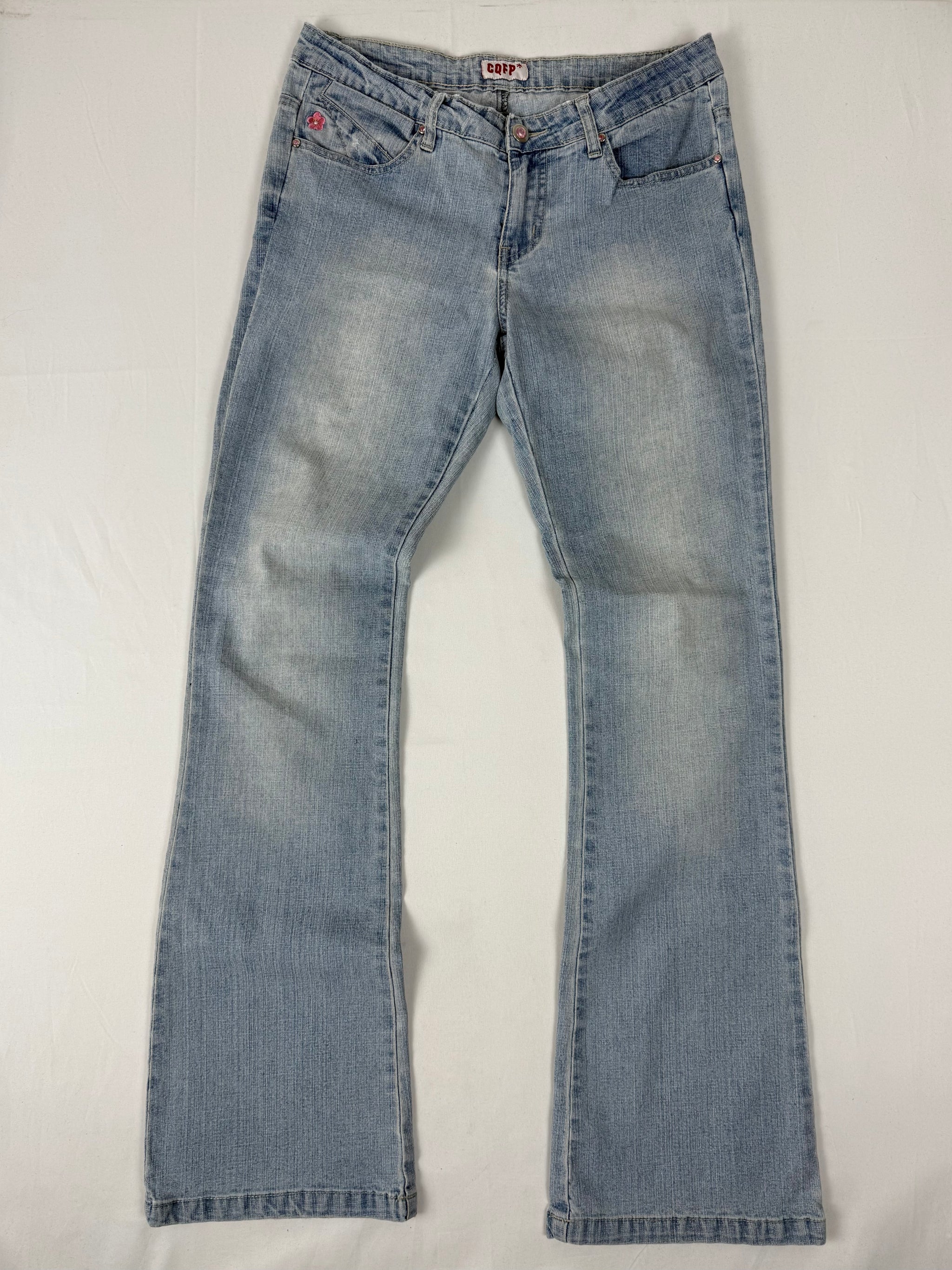 Blue denim low rise flare pants (M)