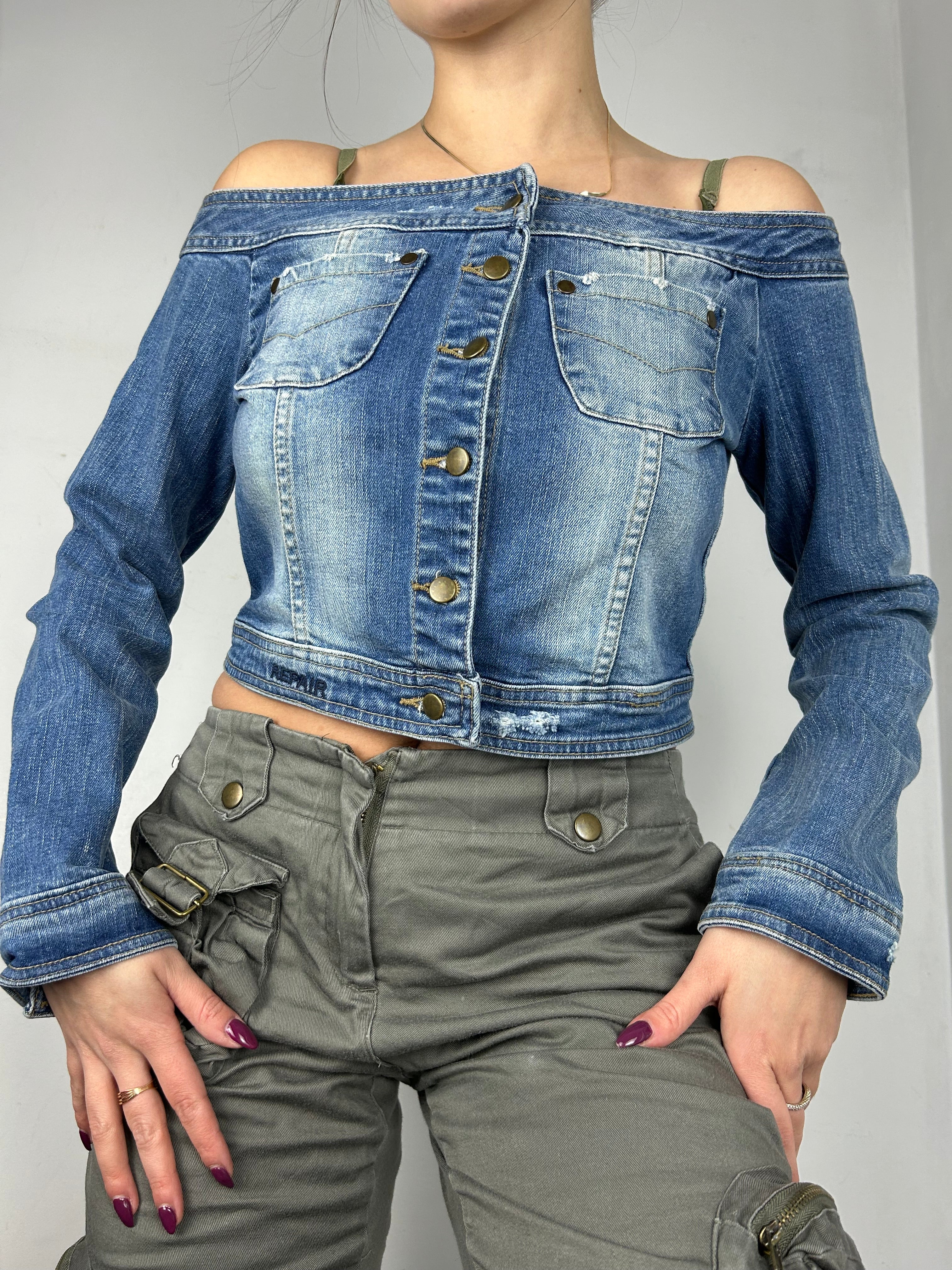 Denim off shoulder jacket (S)