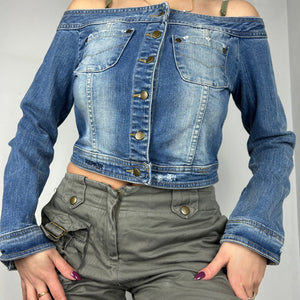 Denim off shoulder tight fit crop jacket (S)