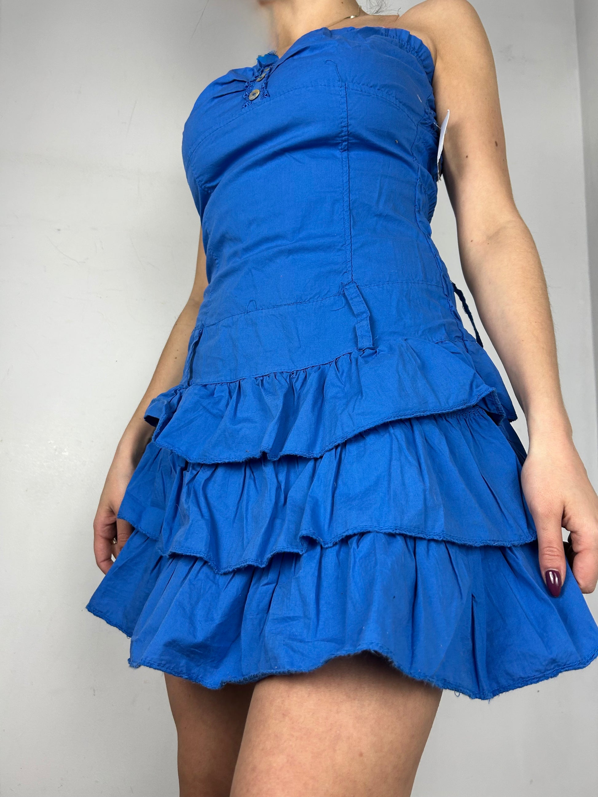 Blue 100% cotton bustier  pleated mini dress (S)
