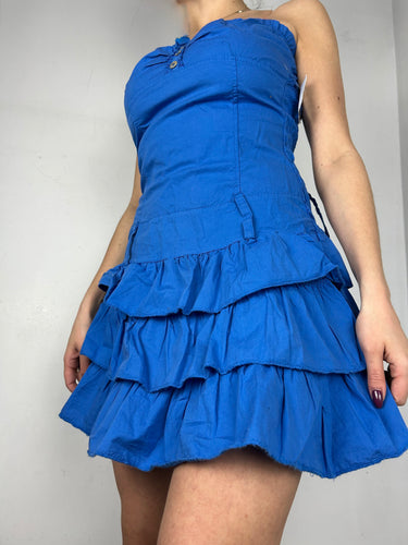 Blue 100% cotton bustier  pleated mini dress (S)
