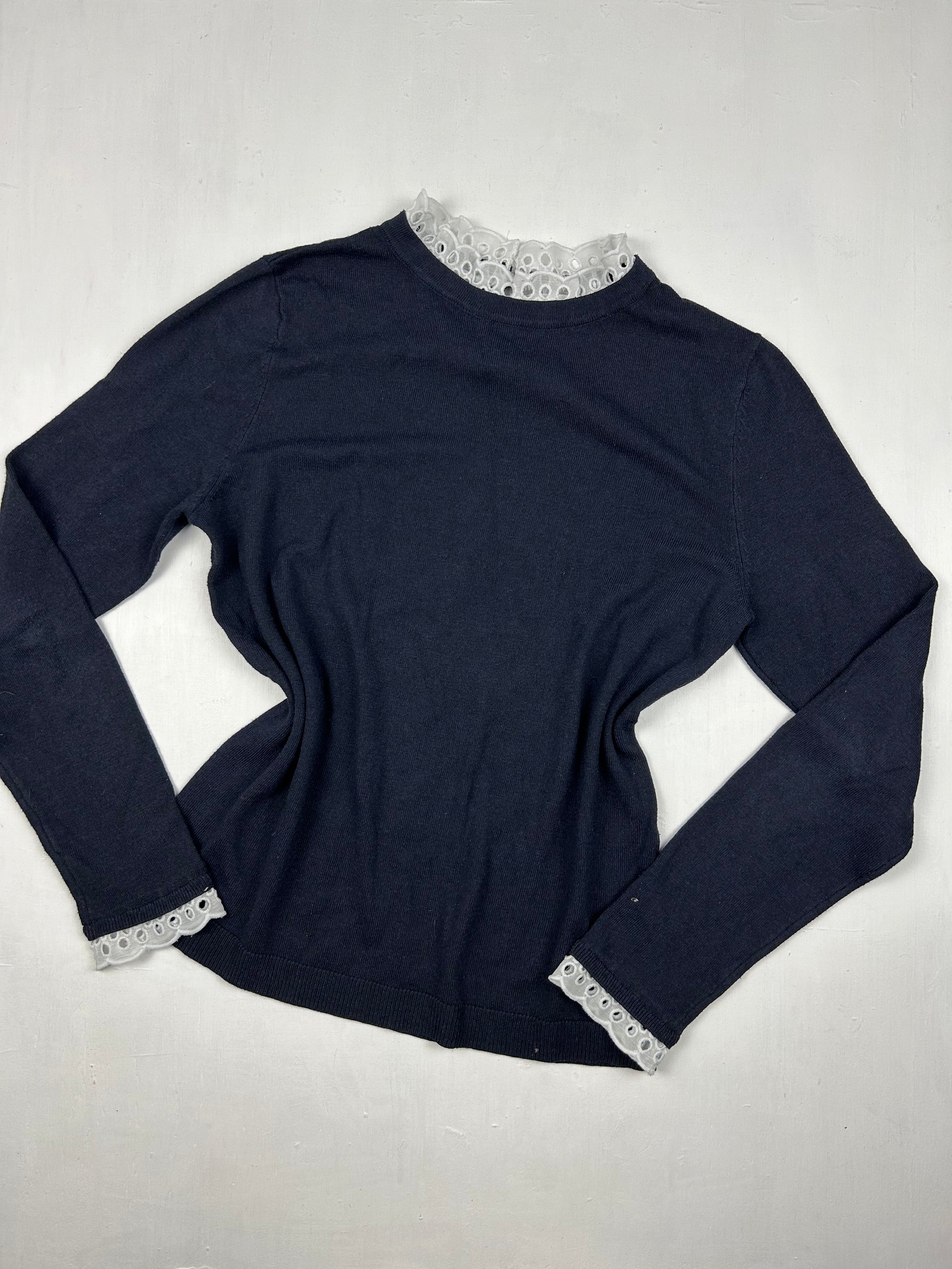 Navy lace neck coquette jumper (S/M)