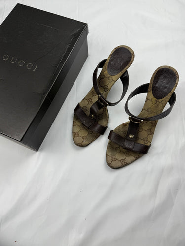 Brown leather monogram mules heels (37.5/38)