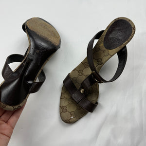 Brown leather monogram mules heels (37.5/38)