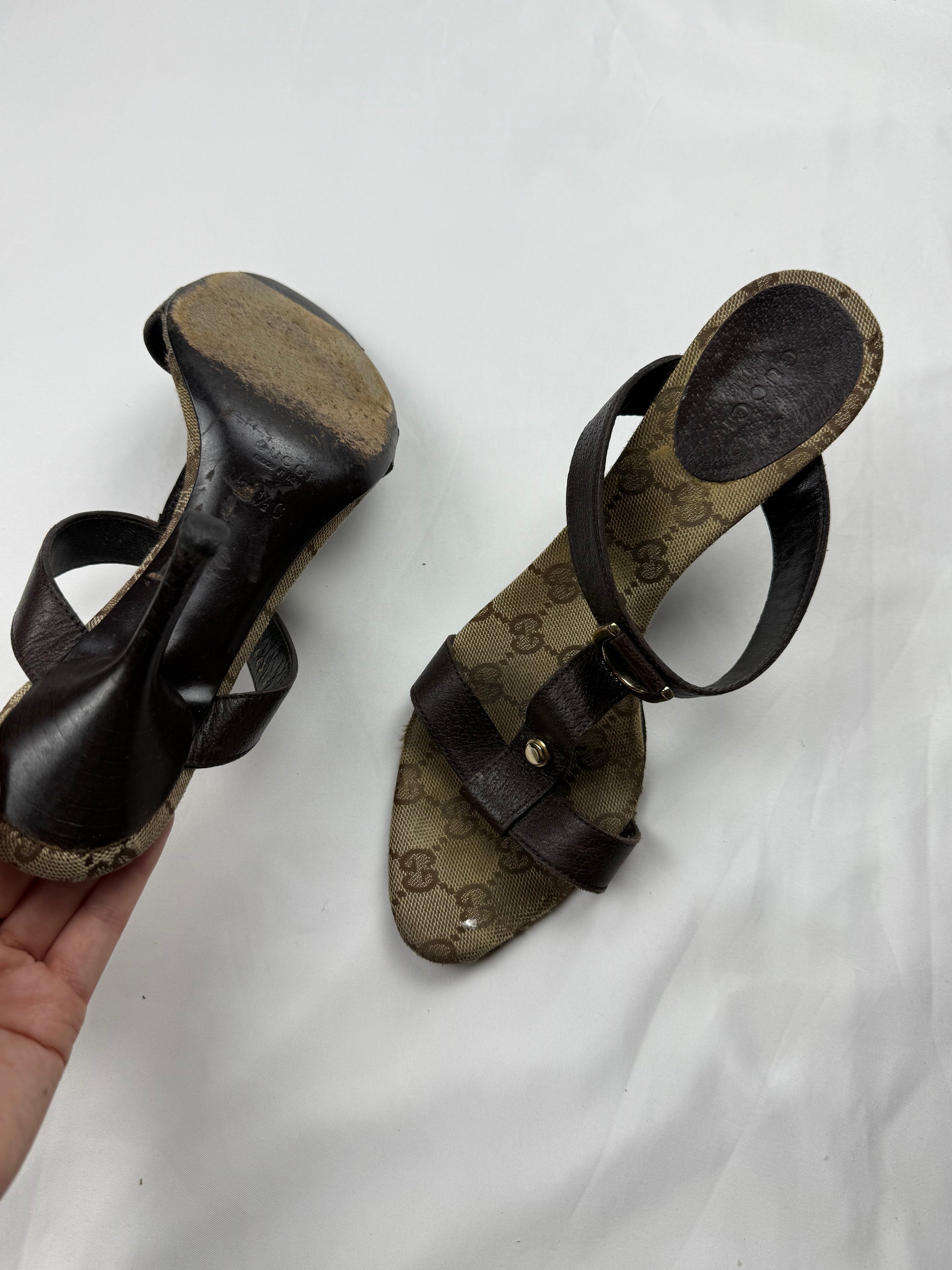Brown leather monogram mules heels (37.5/38)