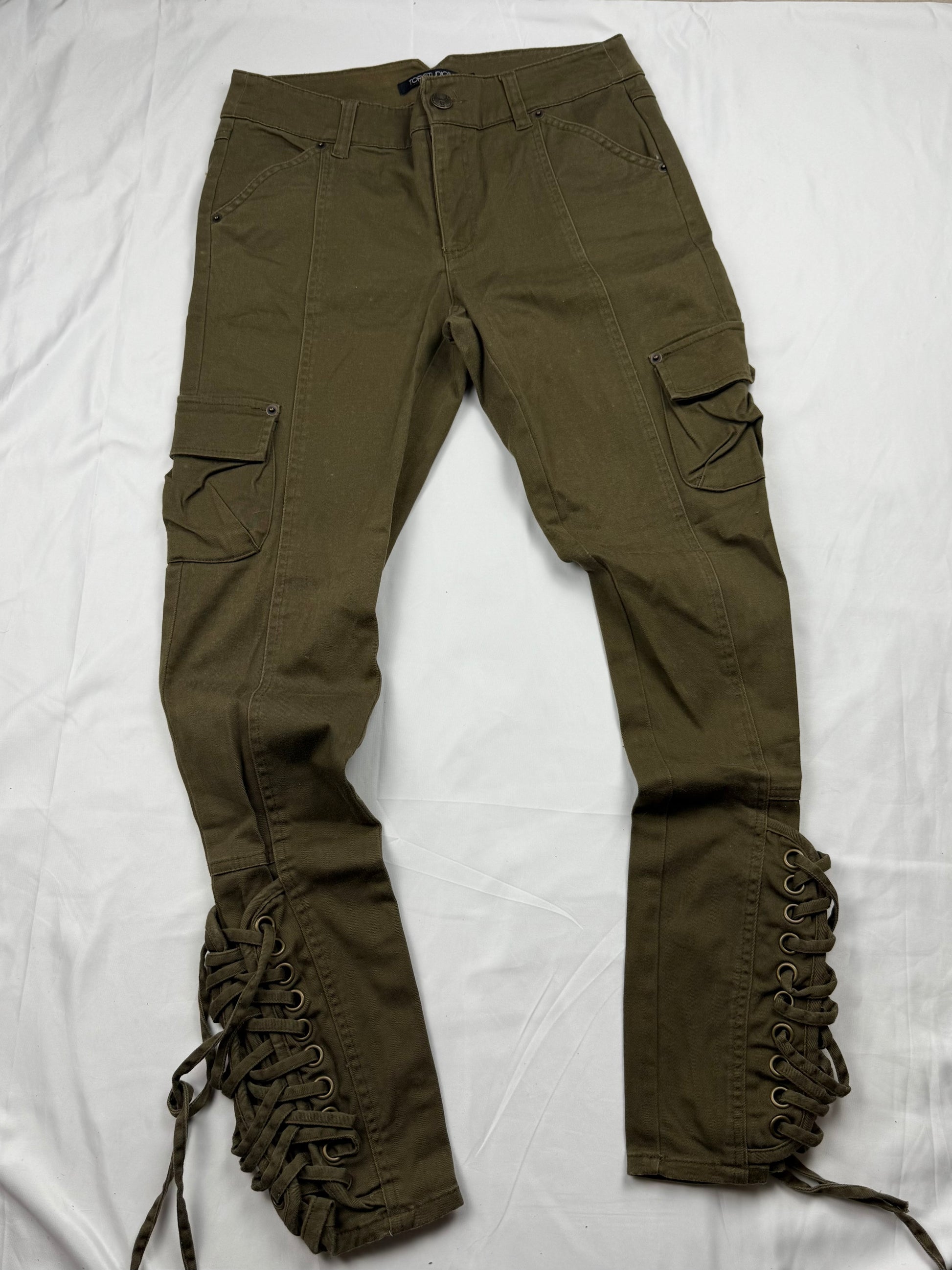 Khaki lace up denim low rise pants (S)