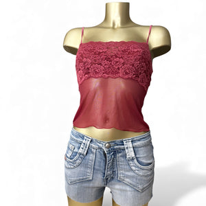 Red mesh floral bustier babydoll top (S/M)
