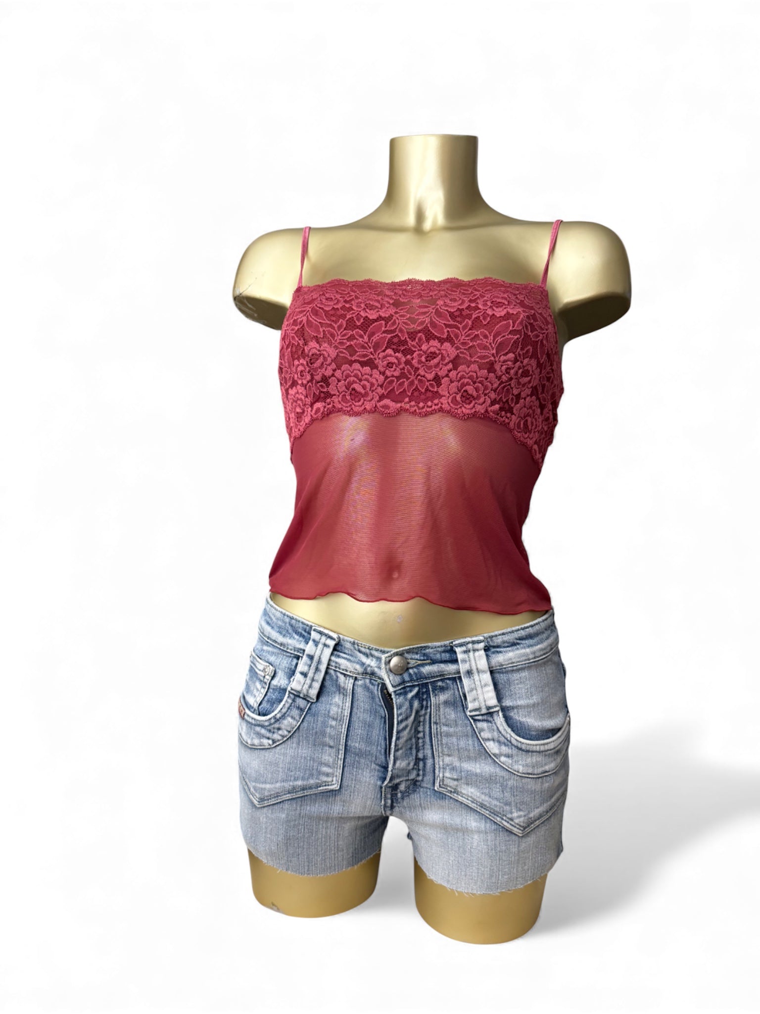 Red mesh floral bustier babydoll top (S/M)