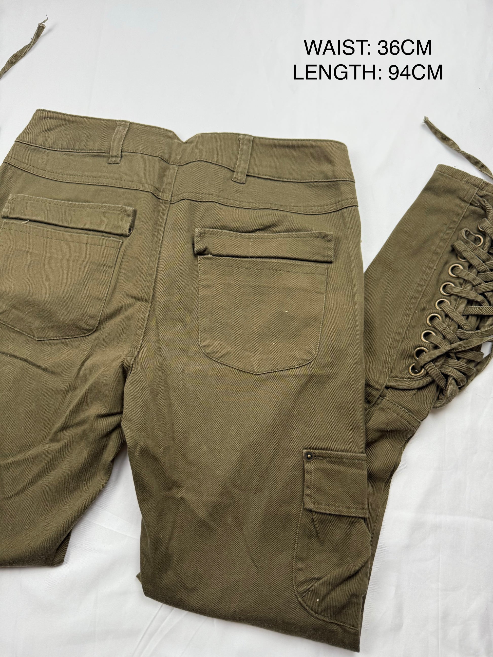 Khaki lace up denim low rise pants (S)