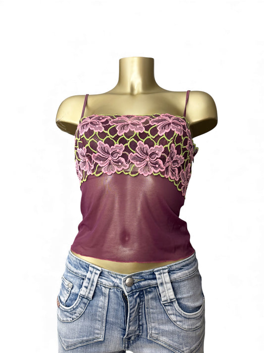 Purple mesh floral bustier babydoll top (S)