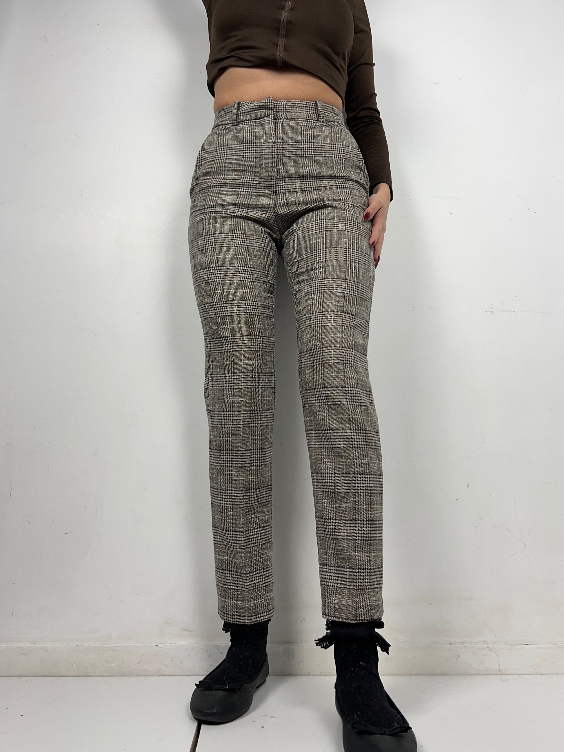 Grey check print office pants (S)