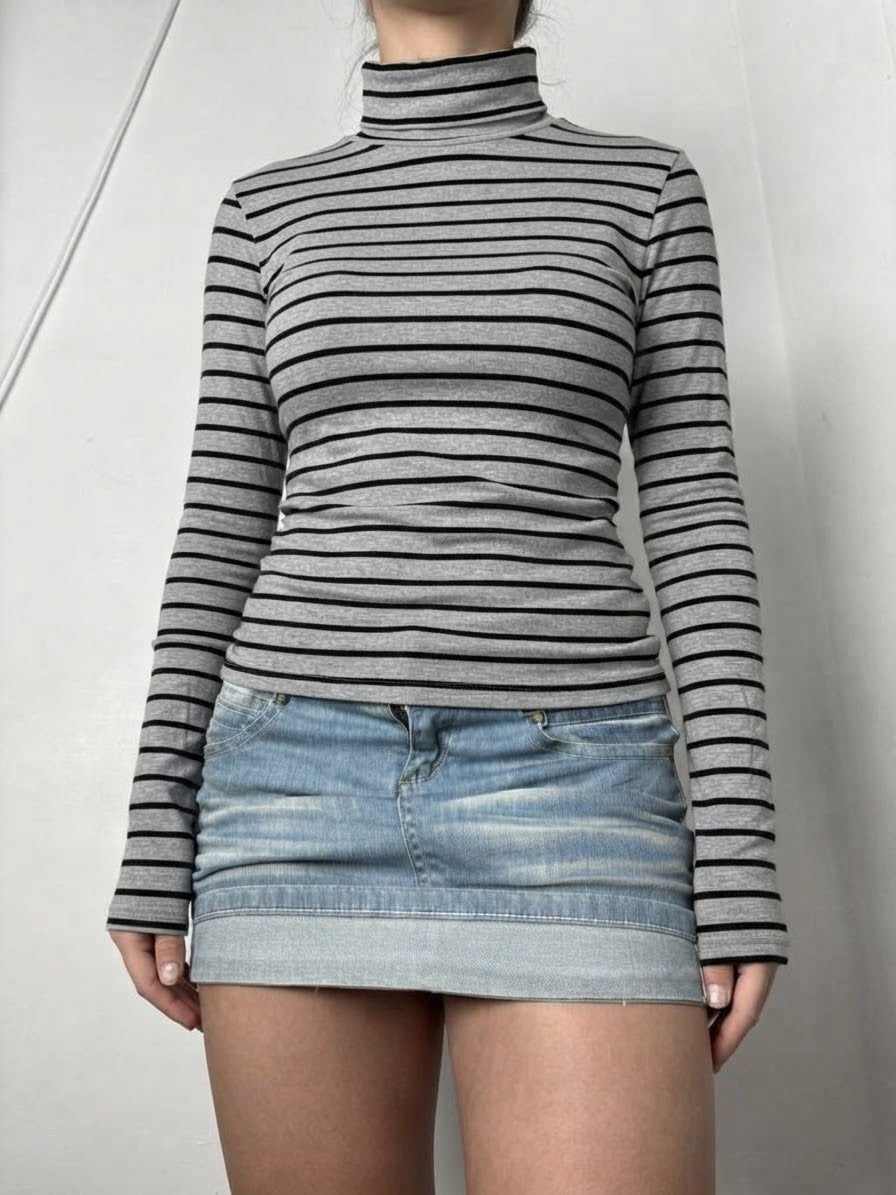 Grey striped cotton long sleeves top (S)