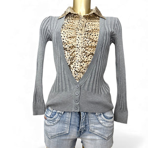 2 in 1 tight fit panther shirt & grey cardigan (S)