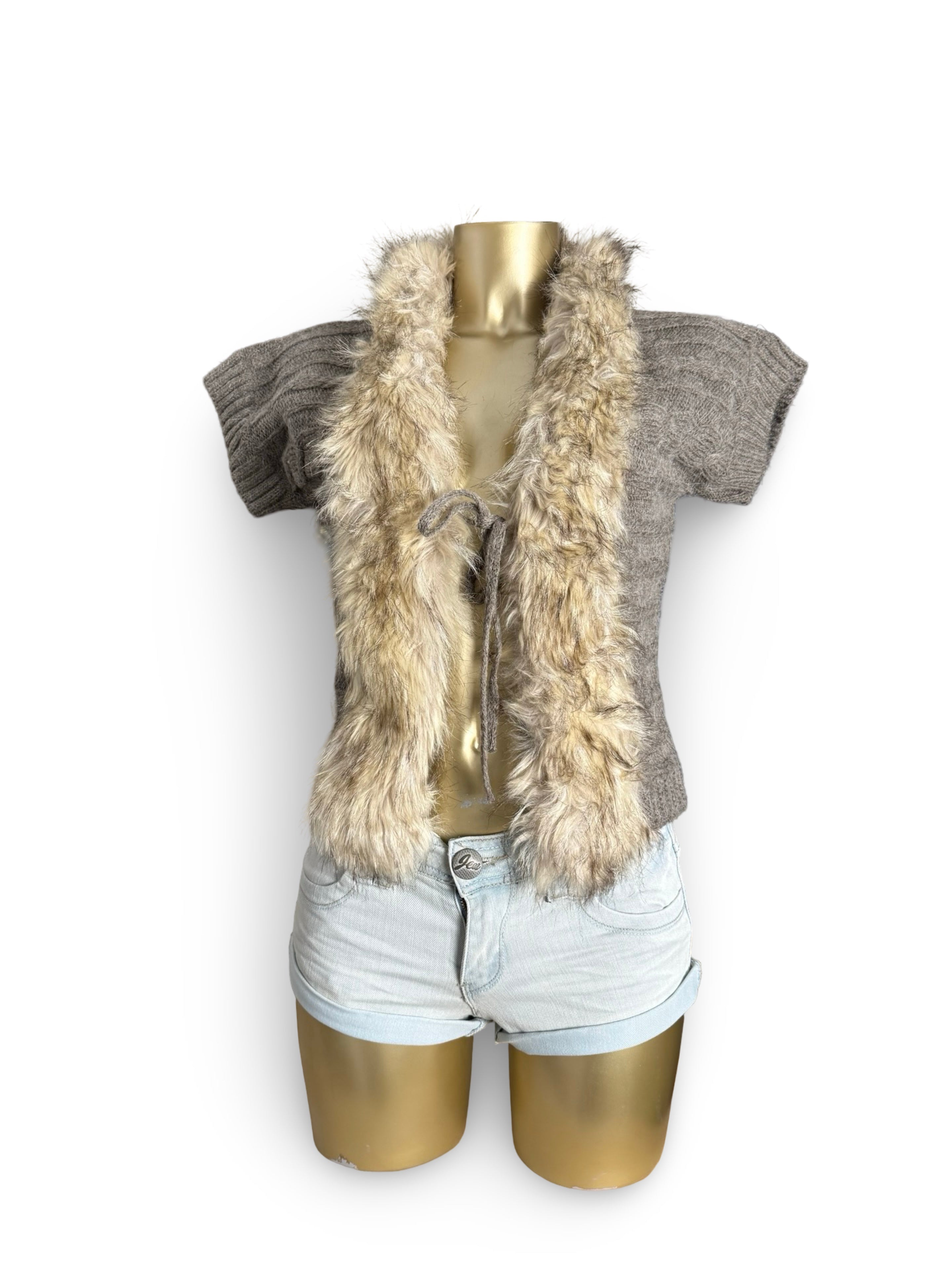 Khaki faux fur trim bolero (S)