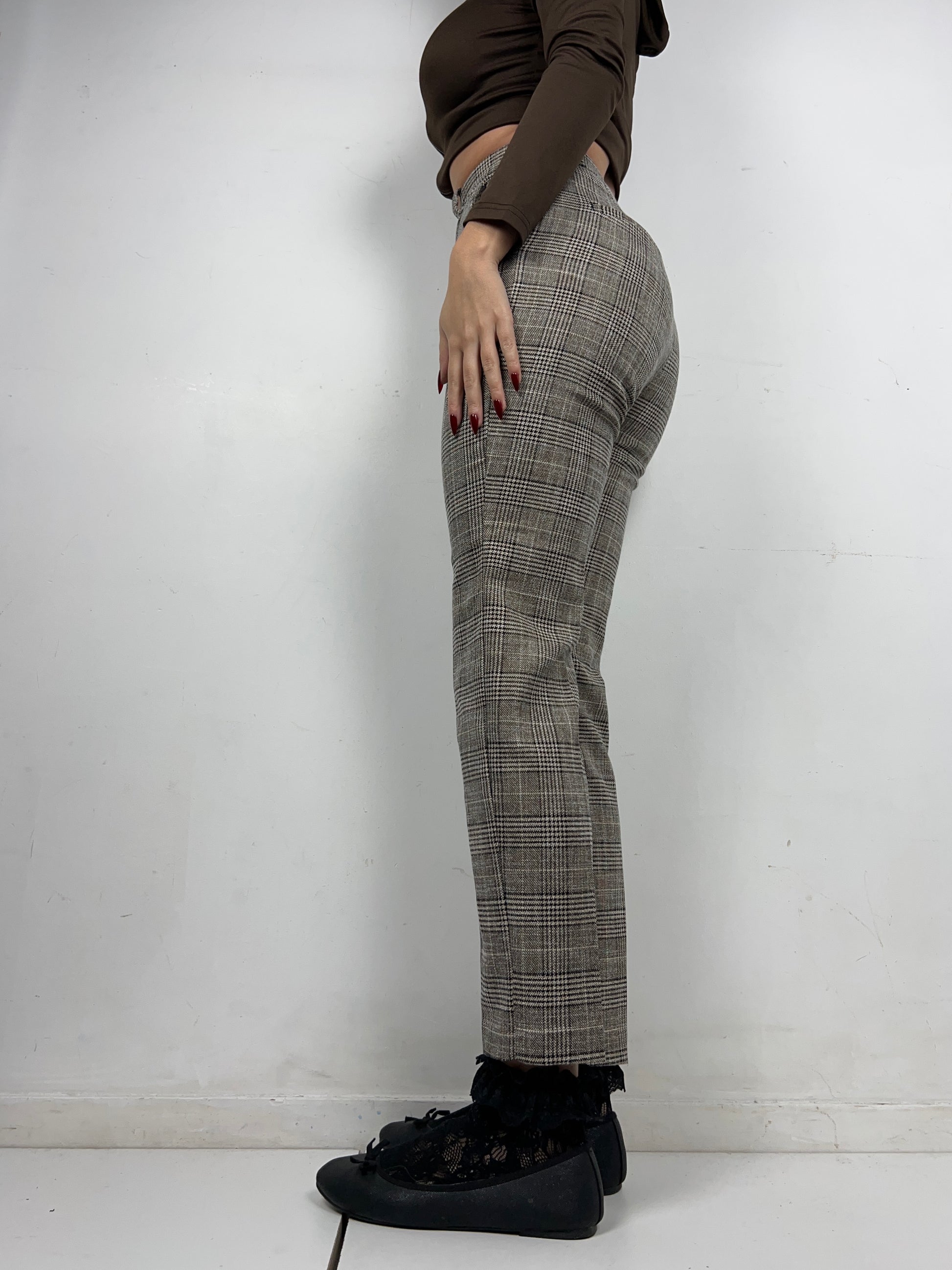 Grey check print office pants (S)