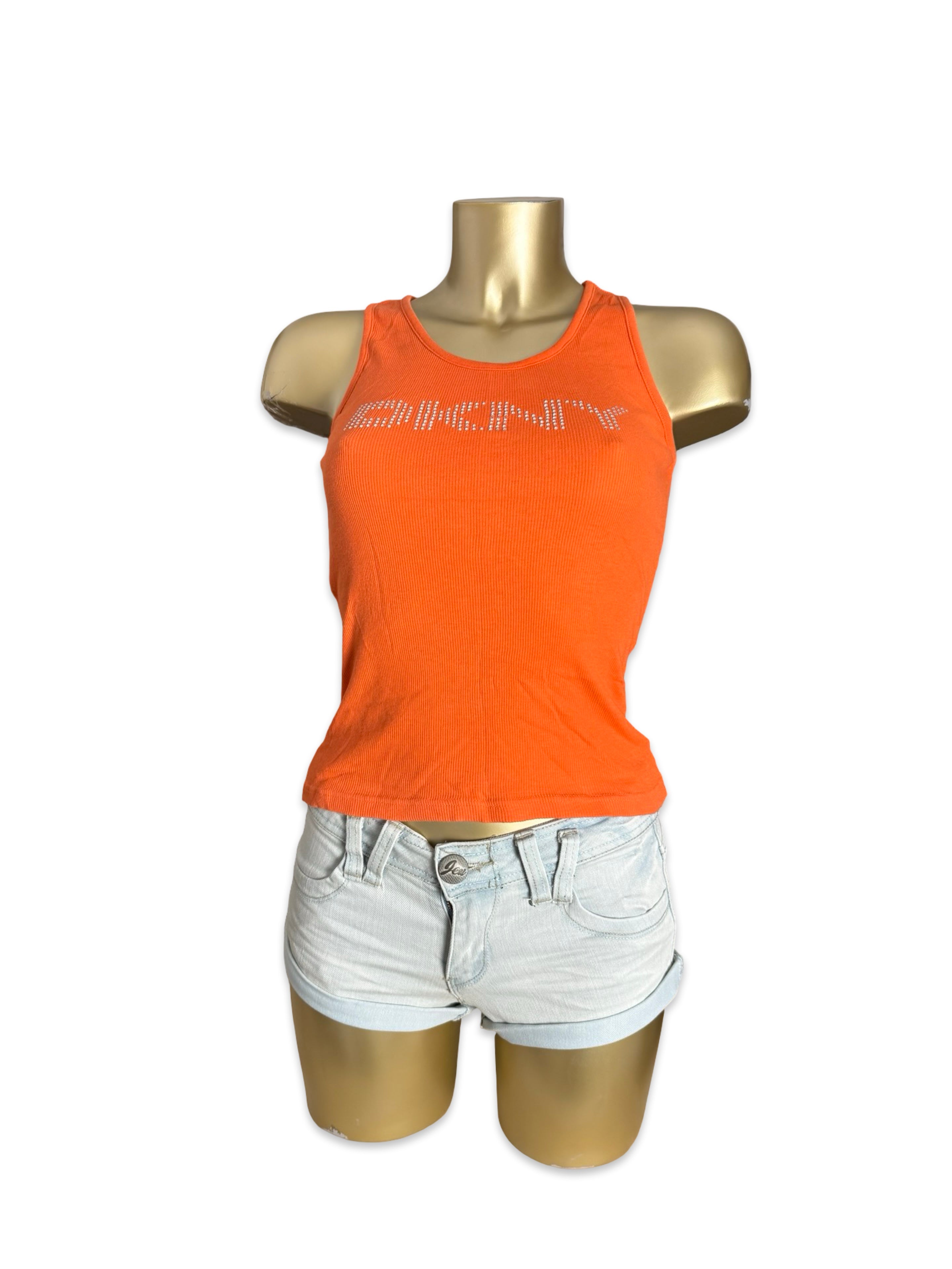 Orange rhinestones logo tank top (S)
