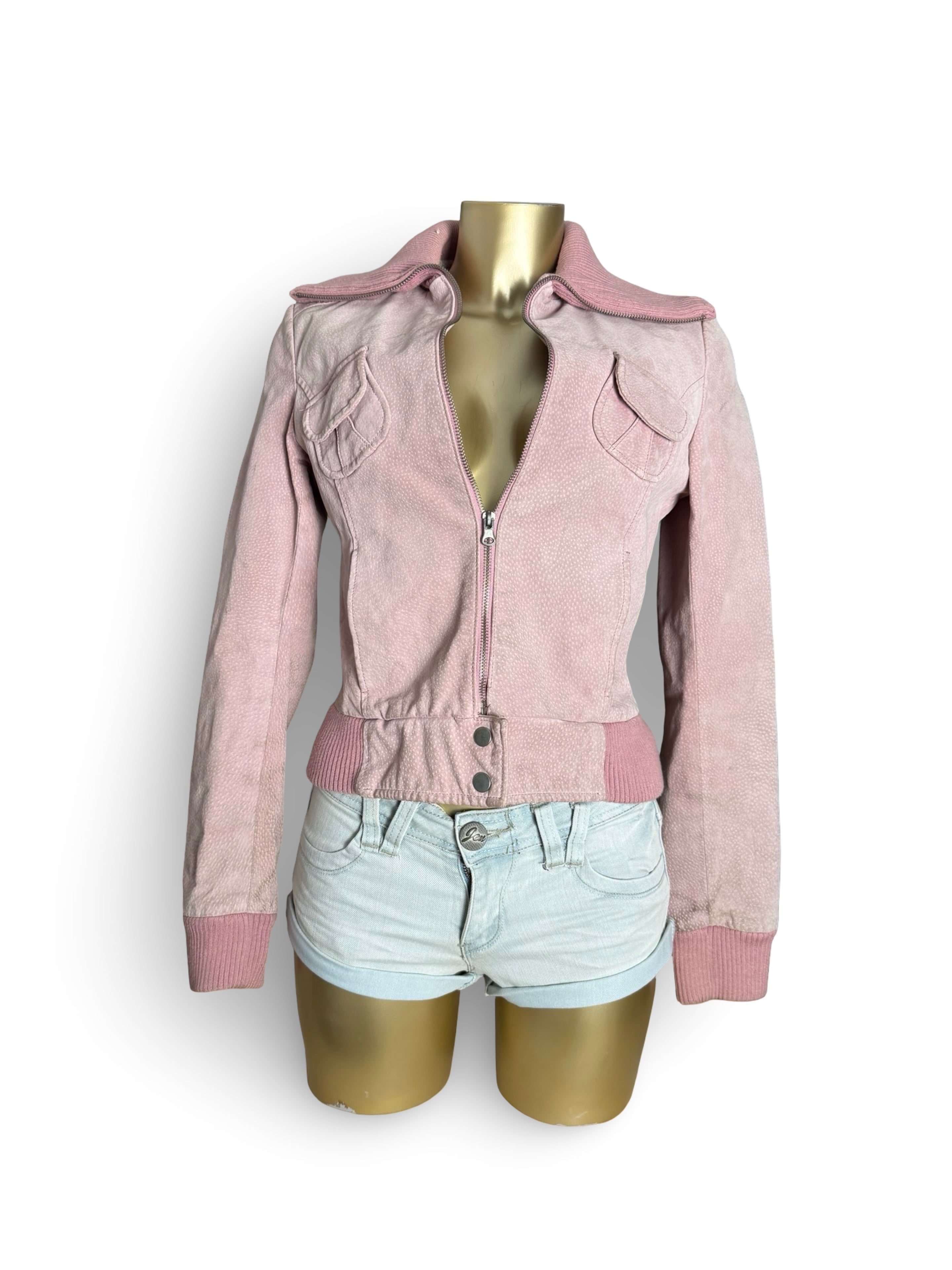 Pink real suede leather biker jacket (M)