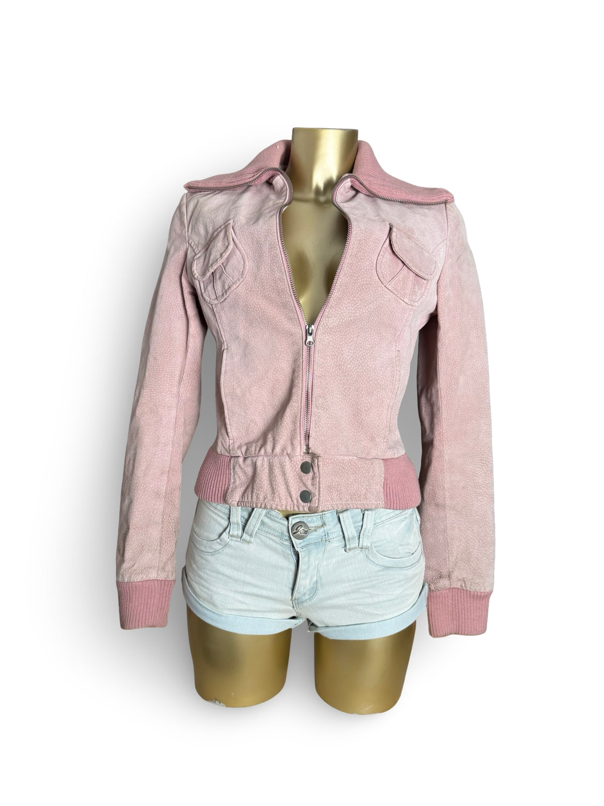Pink real suede leather biker jacket (M)