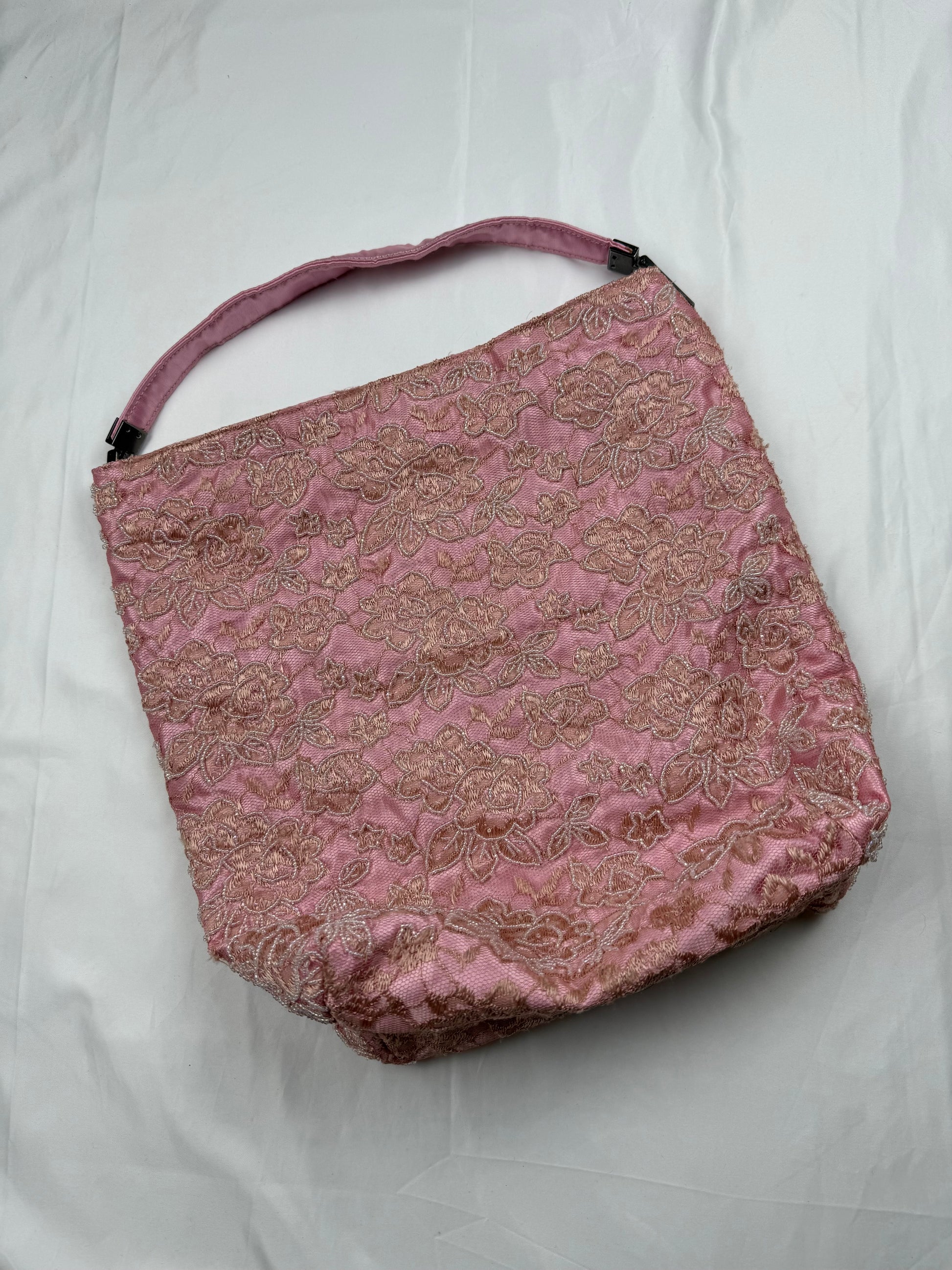 Baby pink pearls embroidered shoulder bag (36x37cm)