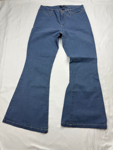 Blue denim low rise flare pants (XS)