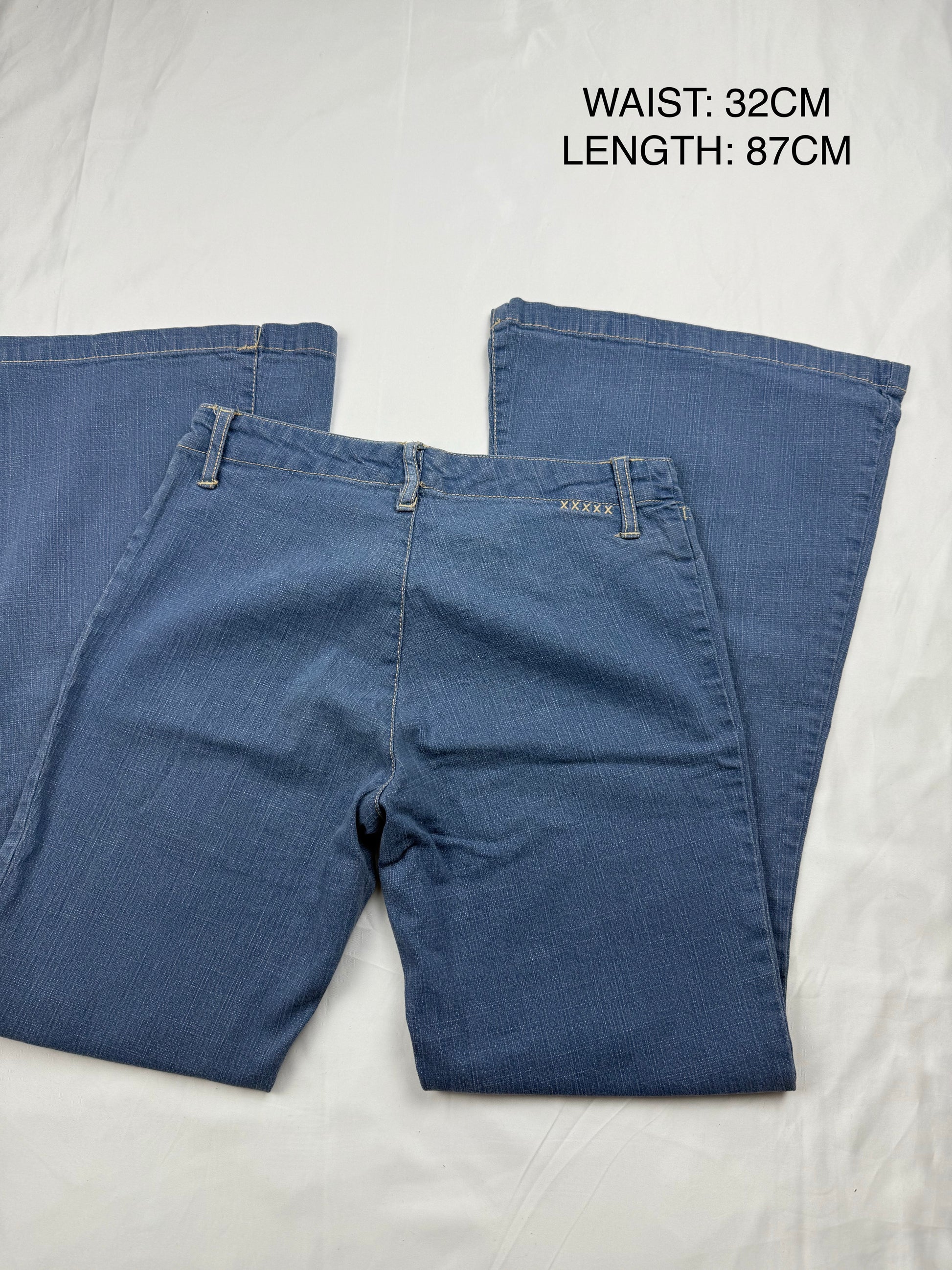 Blue denim low rise flare pants (XS)