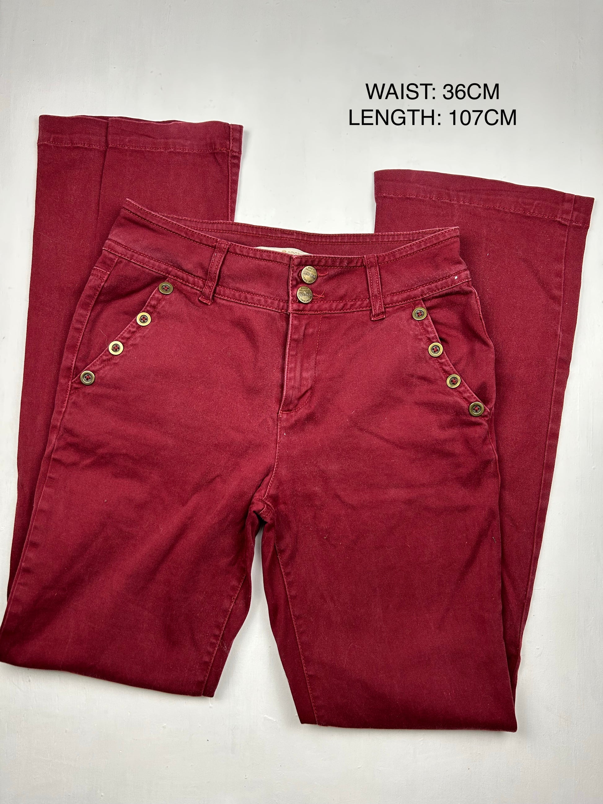 Red denim low rise bootcut pants (S/M)