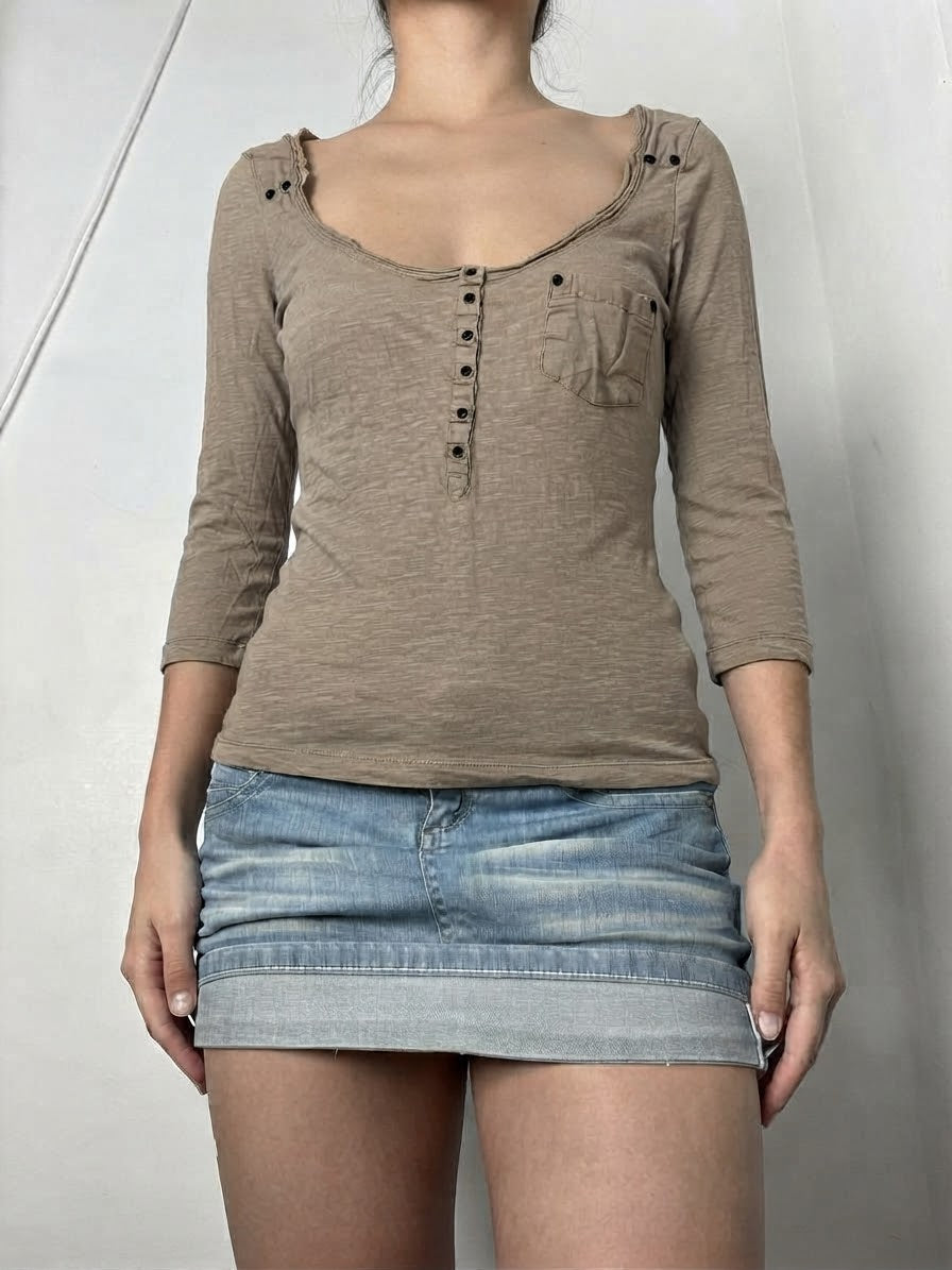 Beige cotton 3/4 long sleeves top (XS)